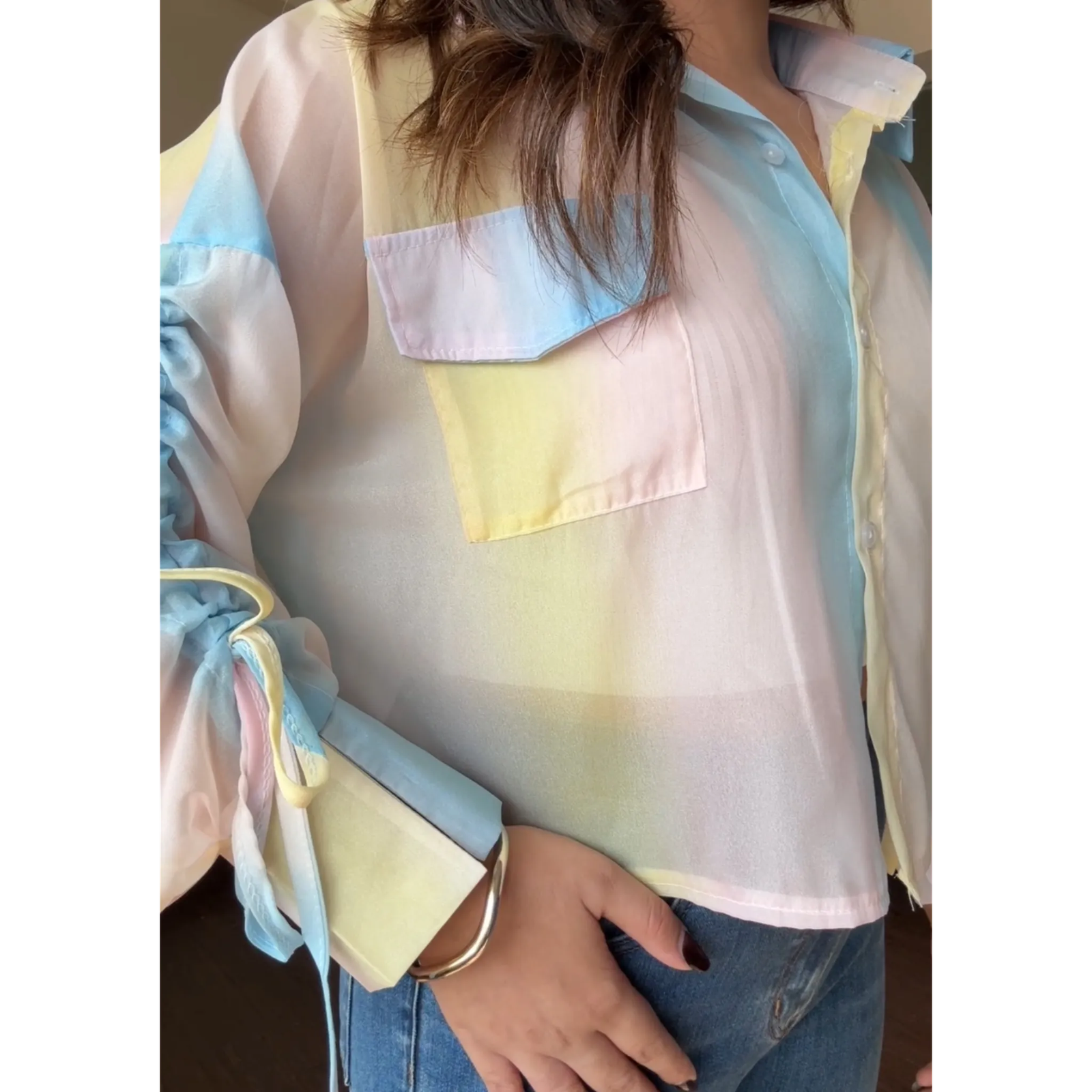 Shaded Tissue Rainbow Crop Shirt With Cami Top