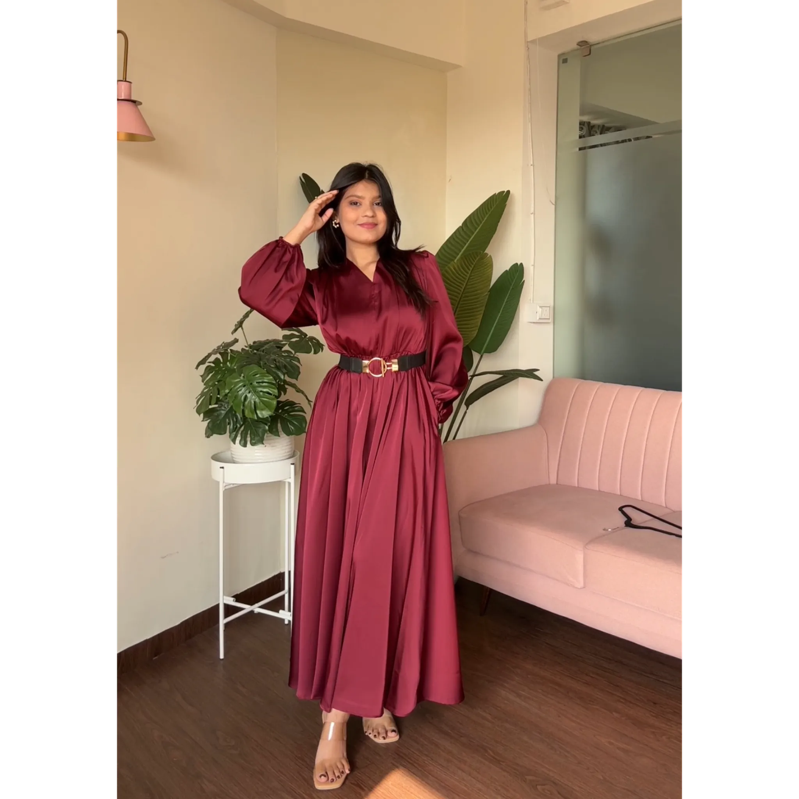 V Neck Satin Maxi Dress With Belt