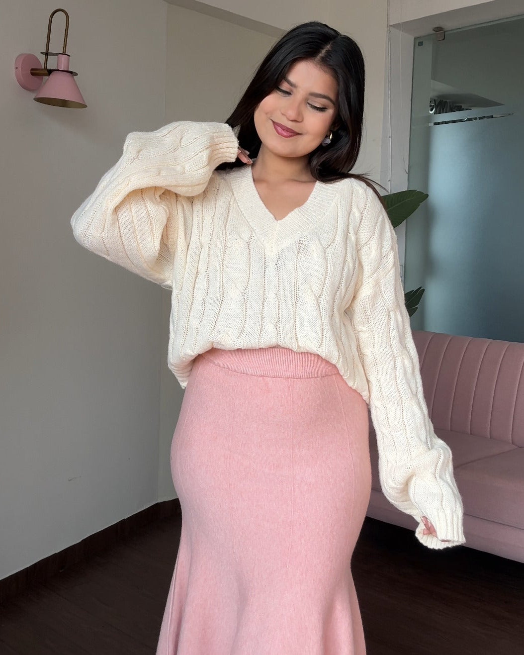 V Neck Textured Baggy Sweater