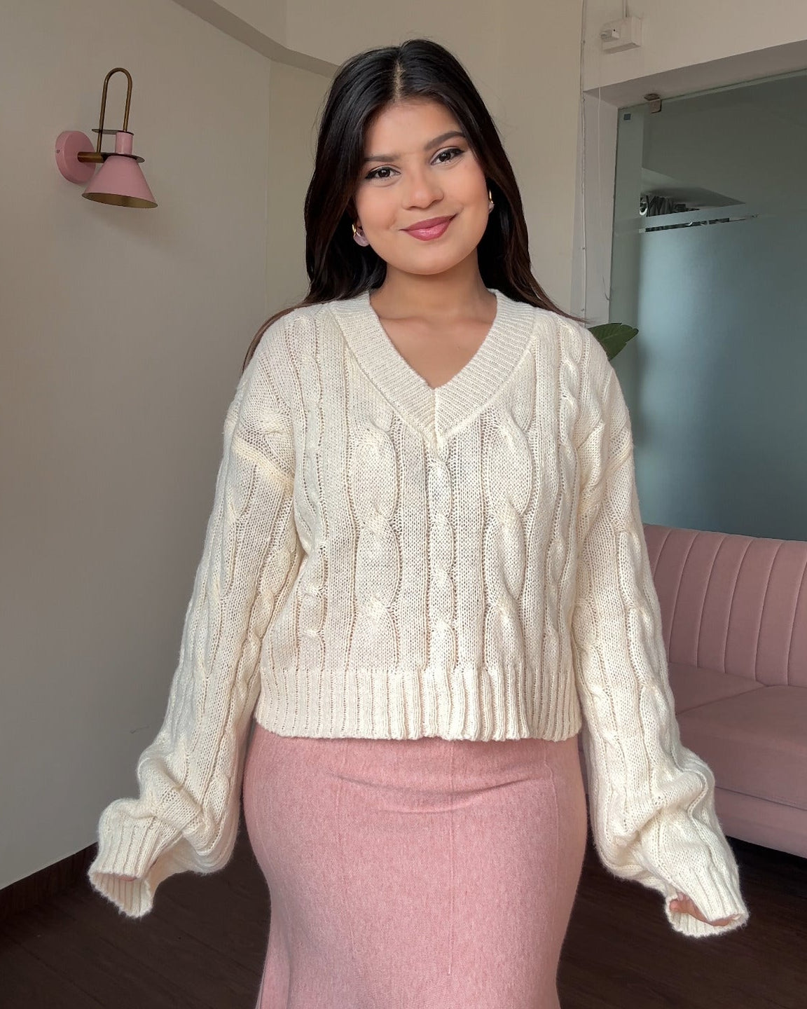 V Neck Textured Baggy Sweater