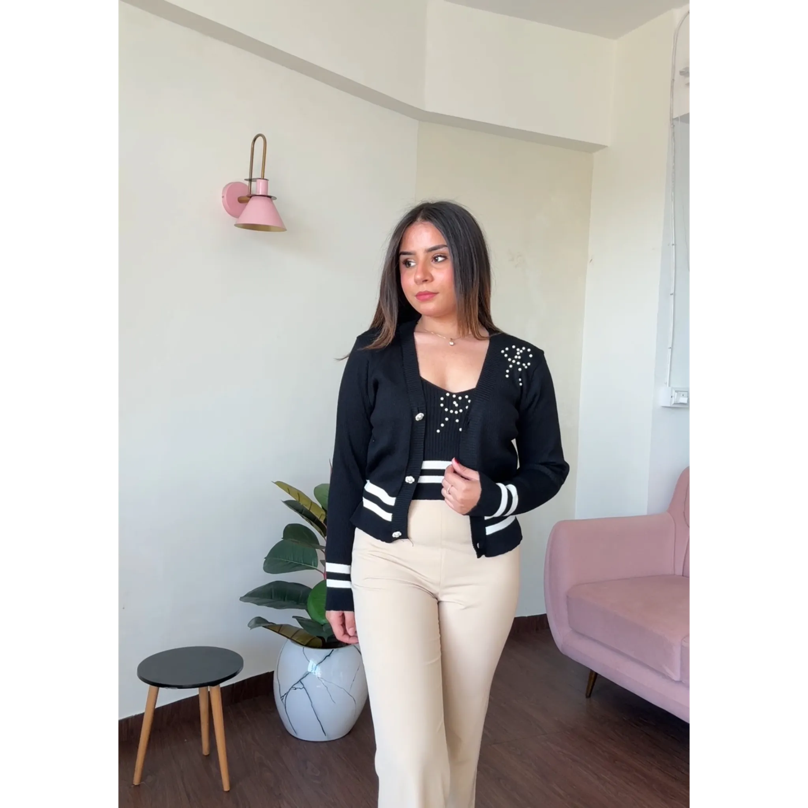 Bow Studded Cardigan Cami Top Set