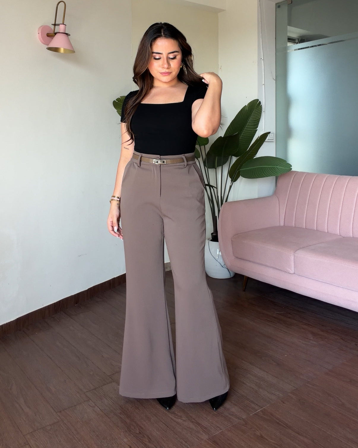Flared Wide Legged Detailing Pants With Belt