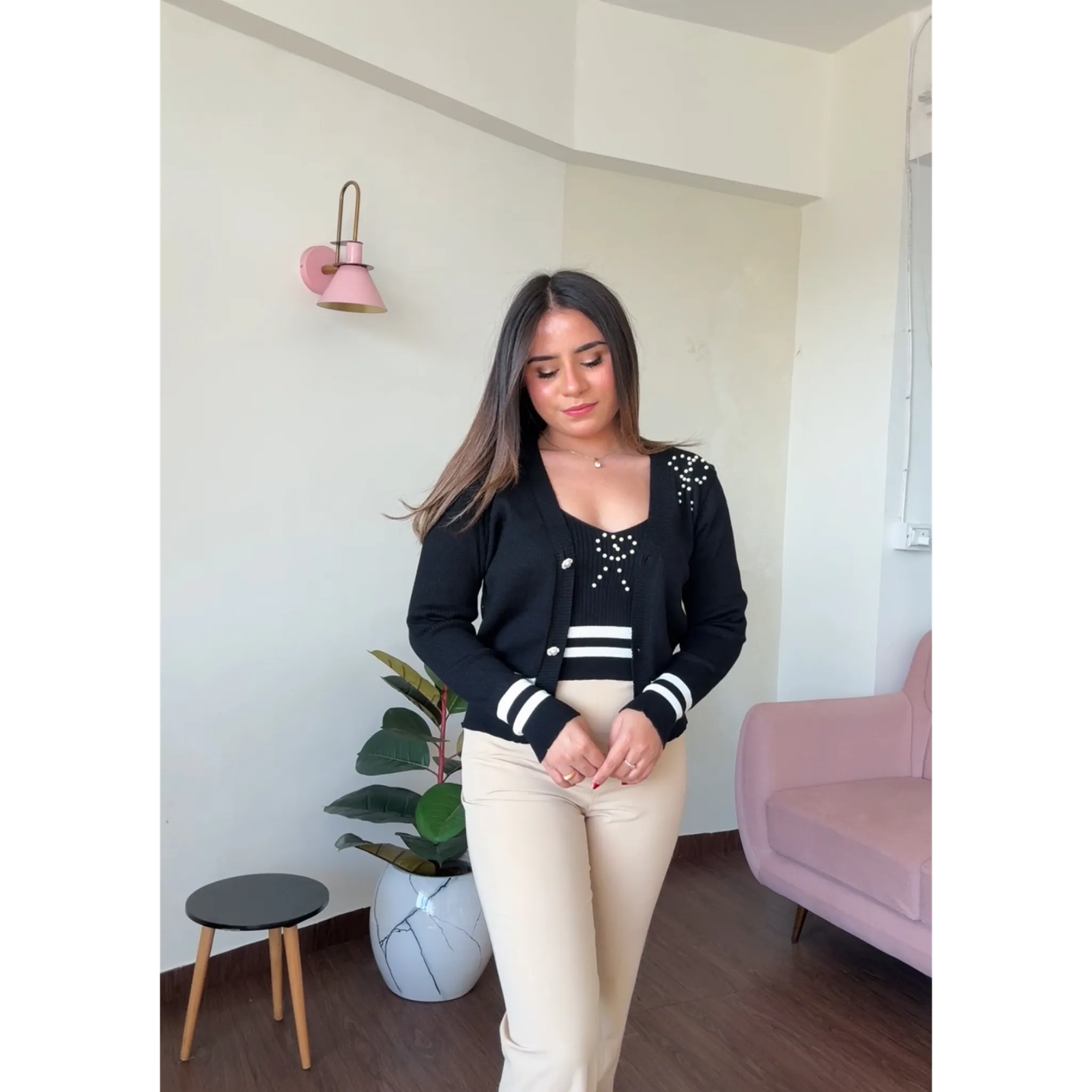 Bow Studded Cardigan Cami Top Set