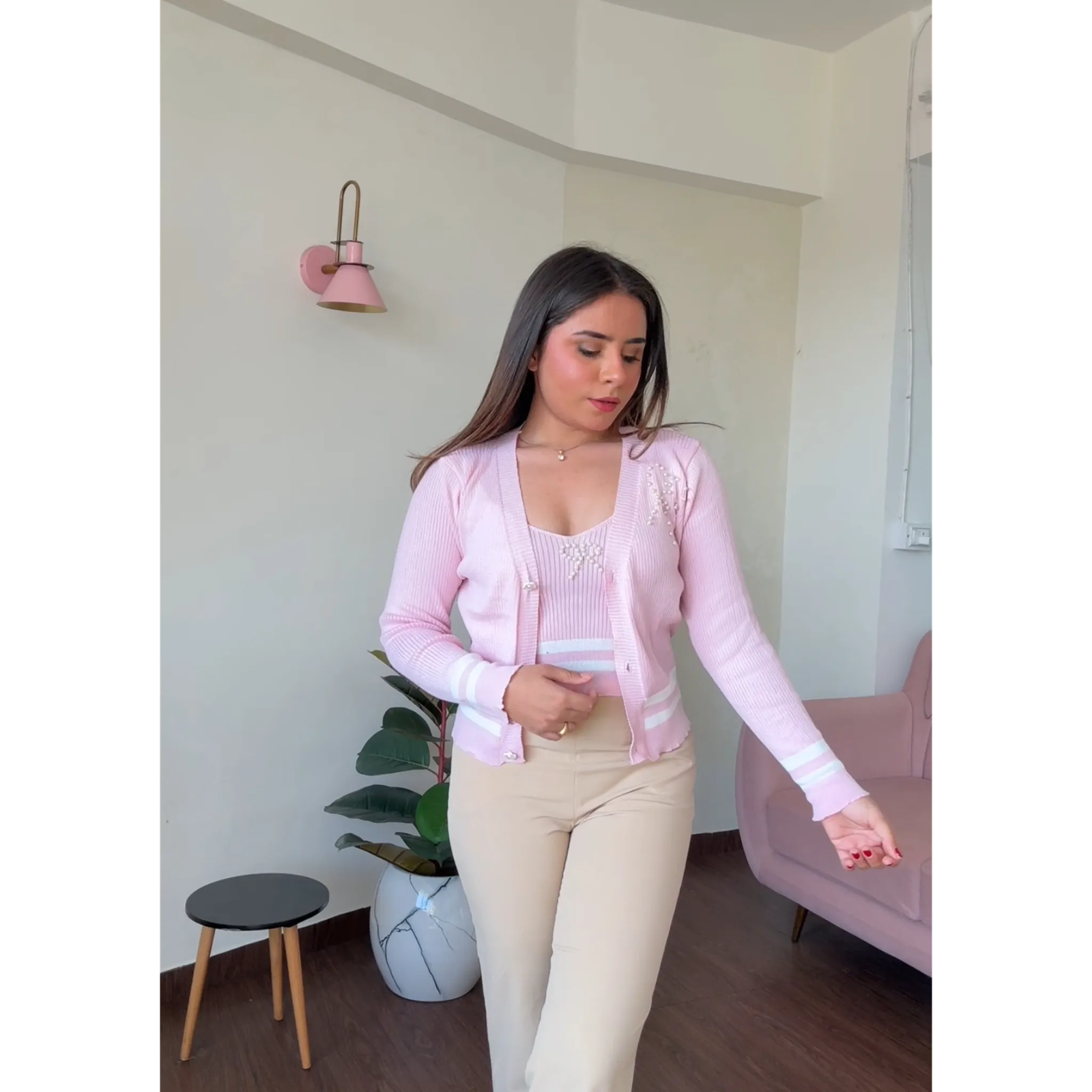 Bow Studded Cardigan Cami Top Set