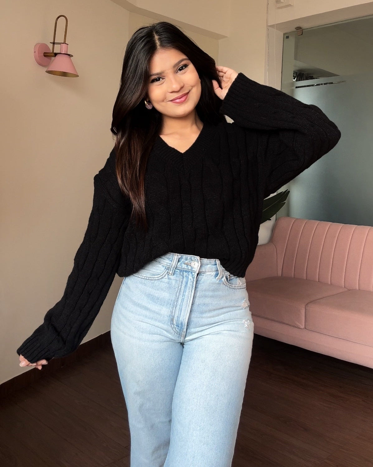 V Neck Textured Baggy Sweater