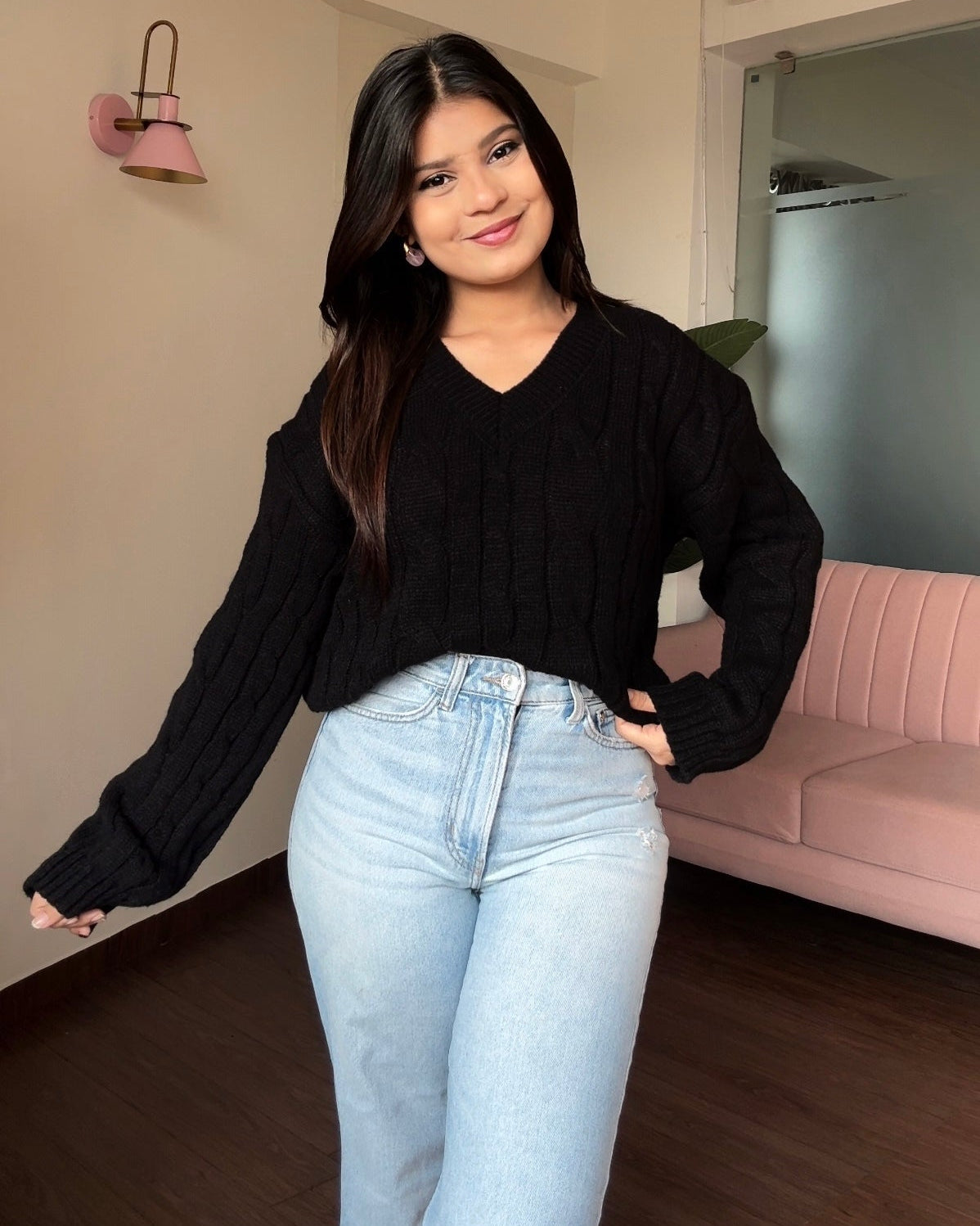 V Neck Textured Baggy Sweater