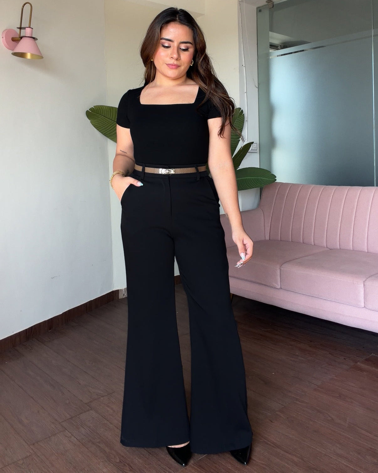 Flared Wide Legged Detailing Pants With Belt