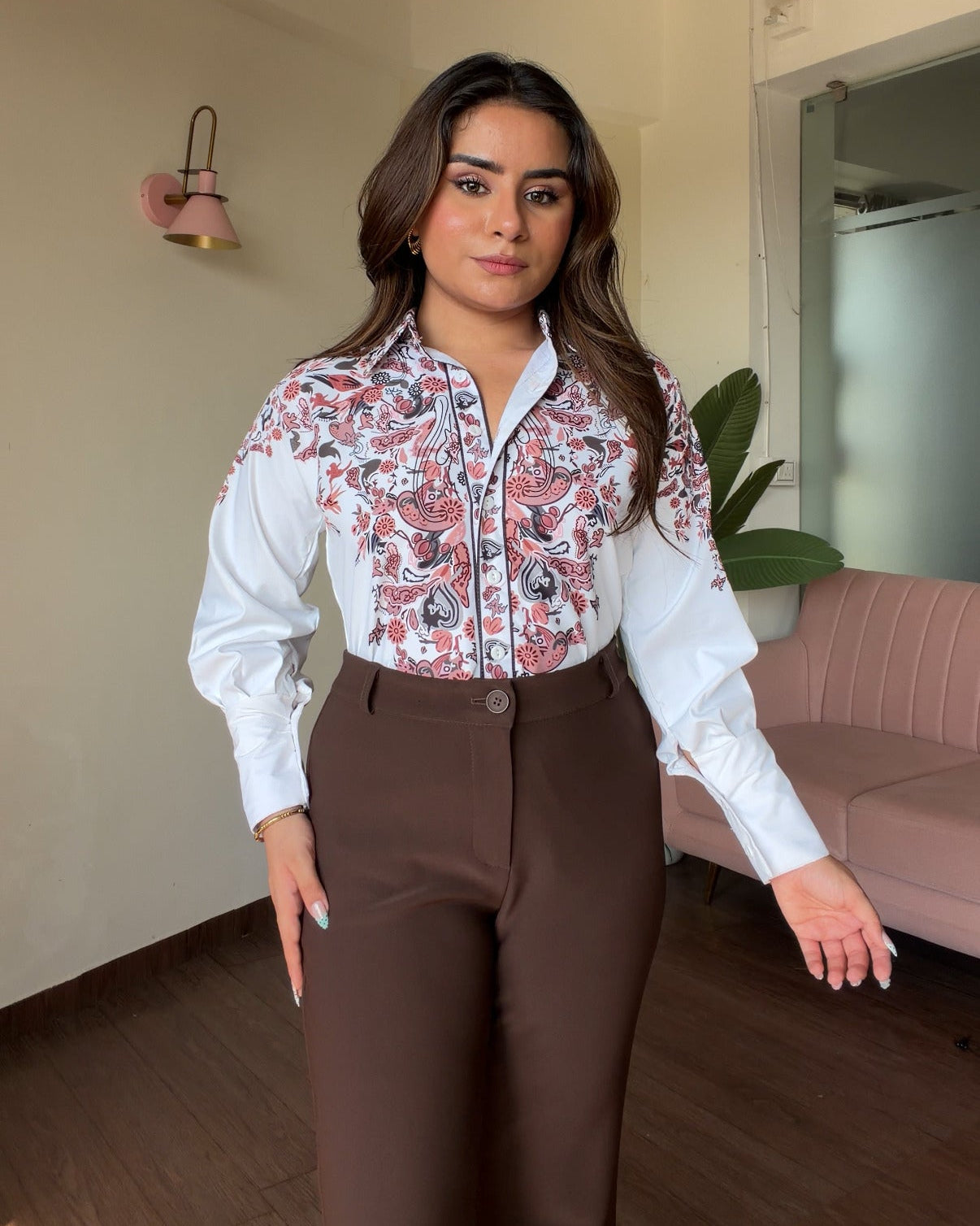 Printed White Button Up Cotton Shirt