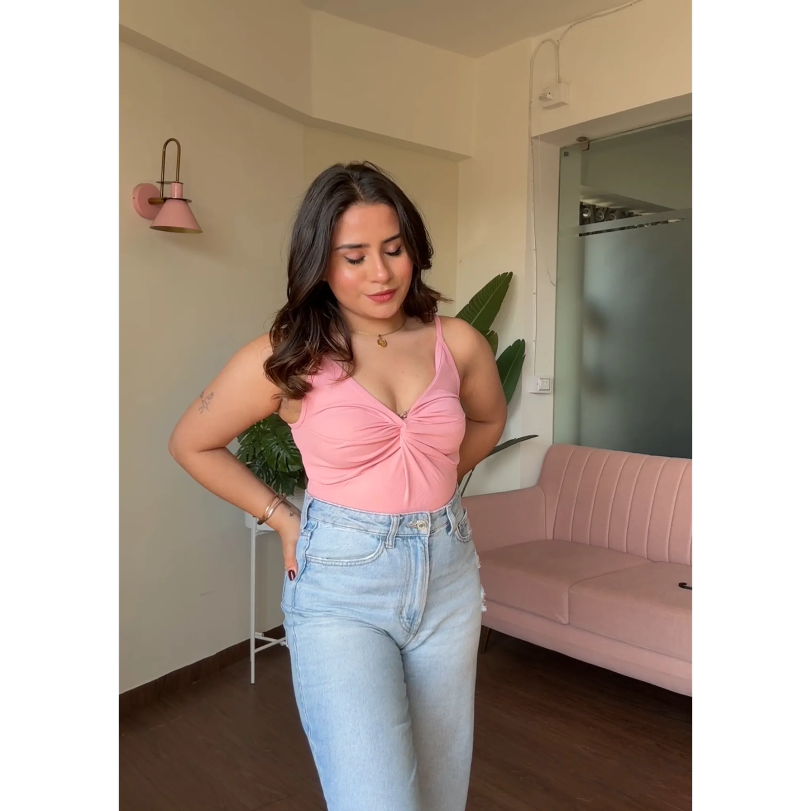 V Neck Ruched Fitted Cami Top