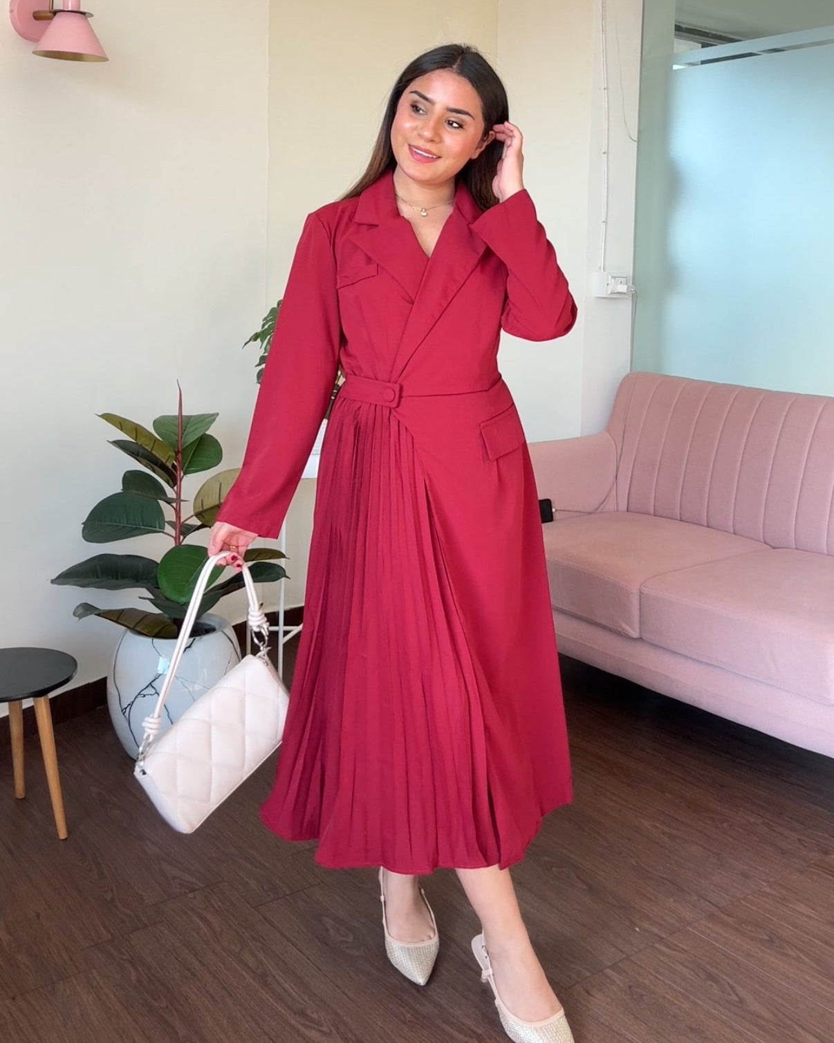 Collared Pleated Detailing Midi Blazer Dress