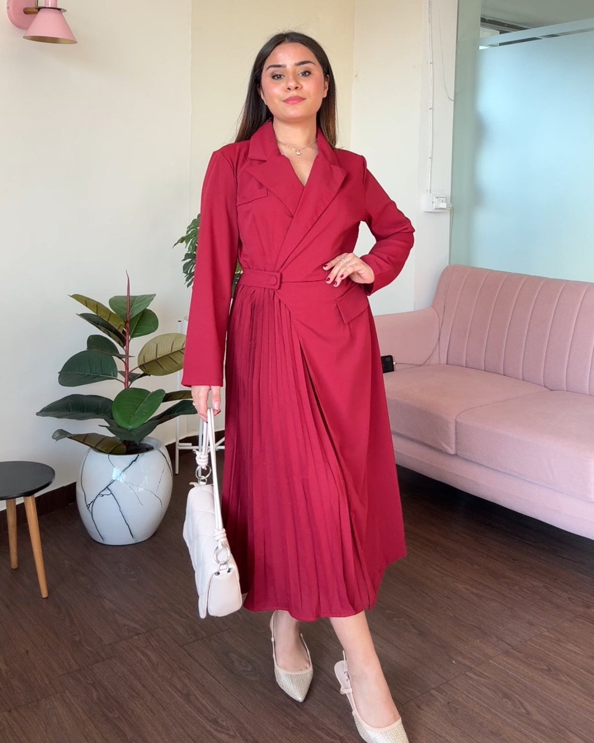 Collared Pleated Detailing Midi Blazer Dress