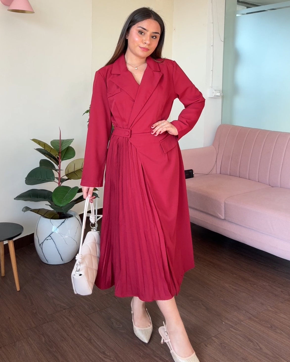 Collared Pleated Detailing Midi Blazer Dress