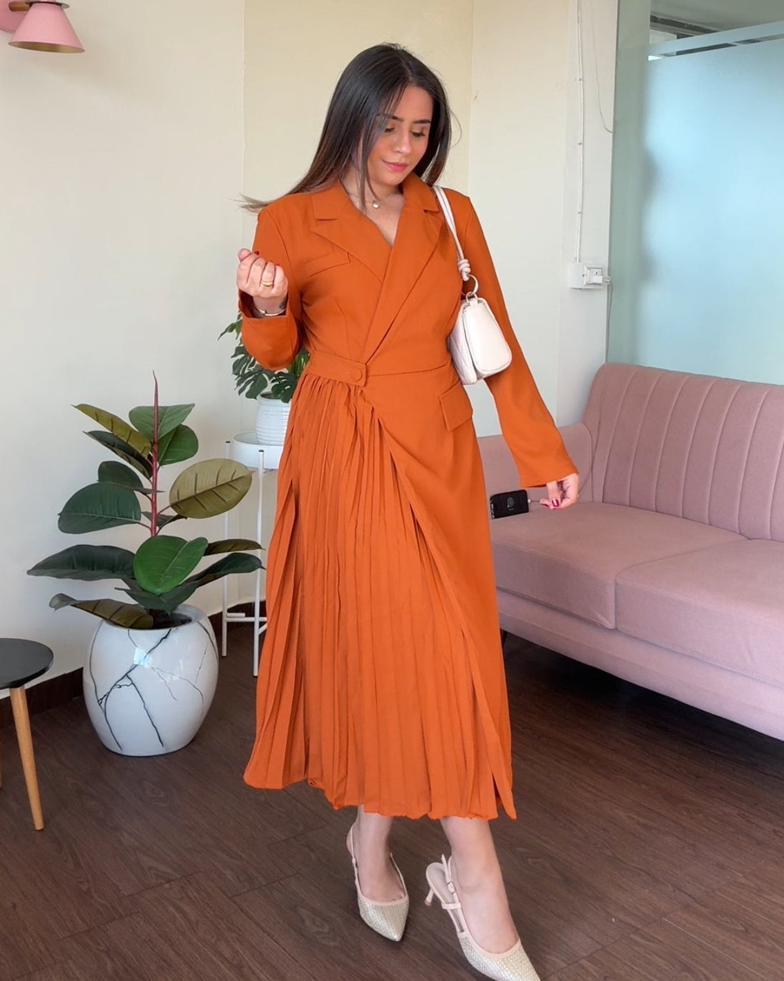Collared Pleated Detailing Midi Blazer Dress