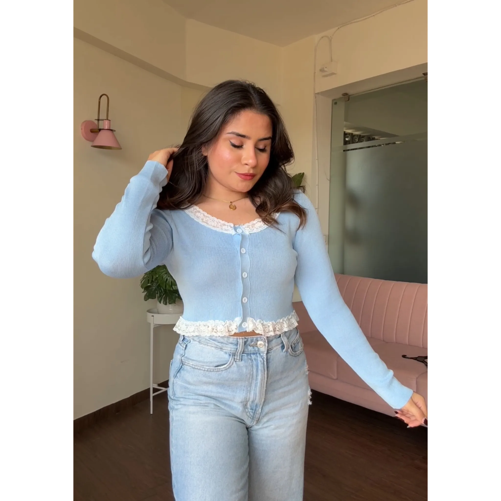 Lace Detail Ribbed Full Sleeves Top