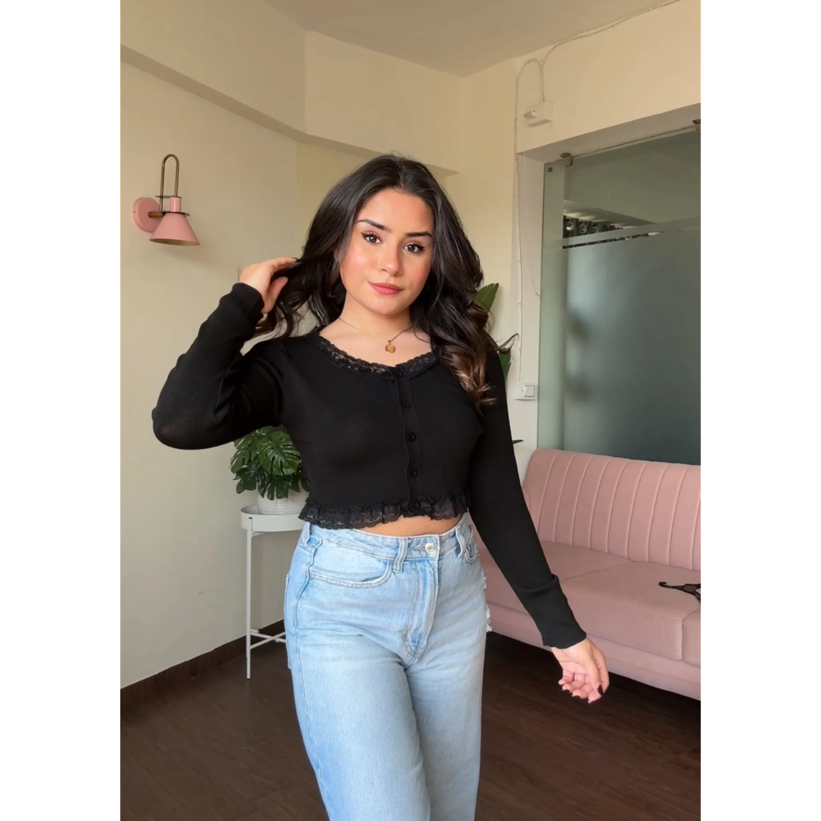 Lace Detail Ribbed Full Sleeves Top