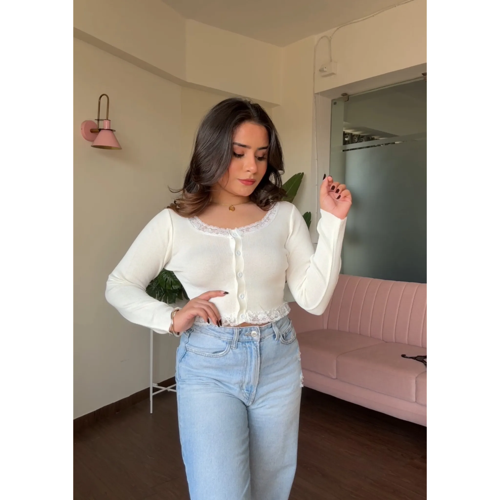 Lace Detail Ribbed Full Sleeves Top