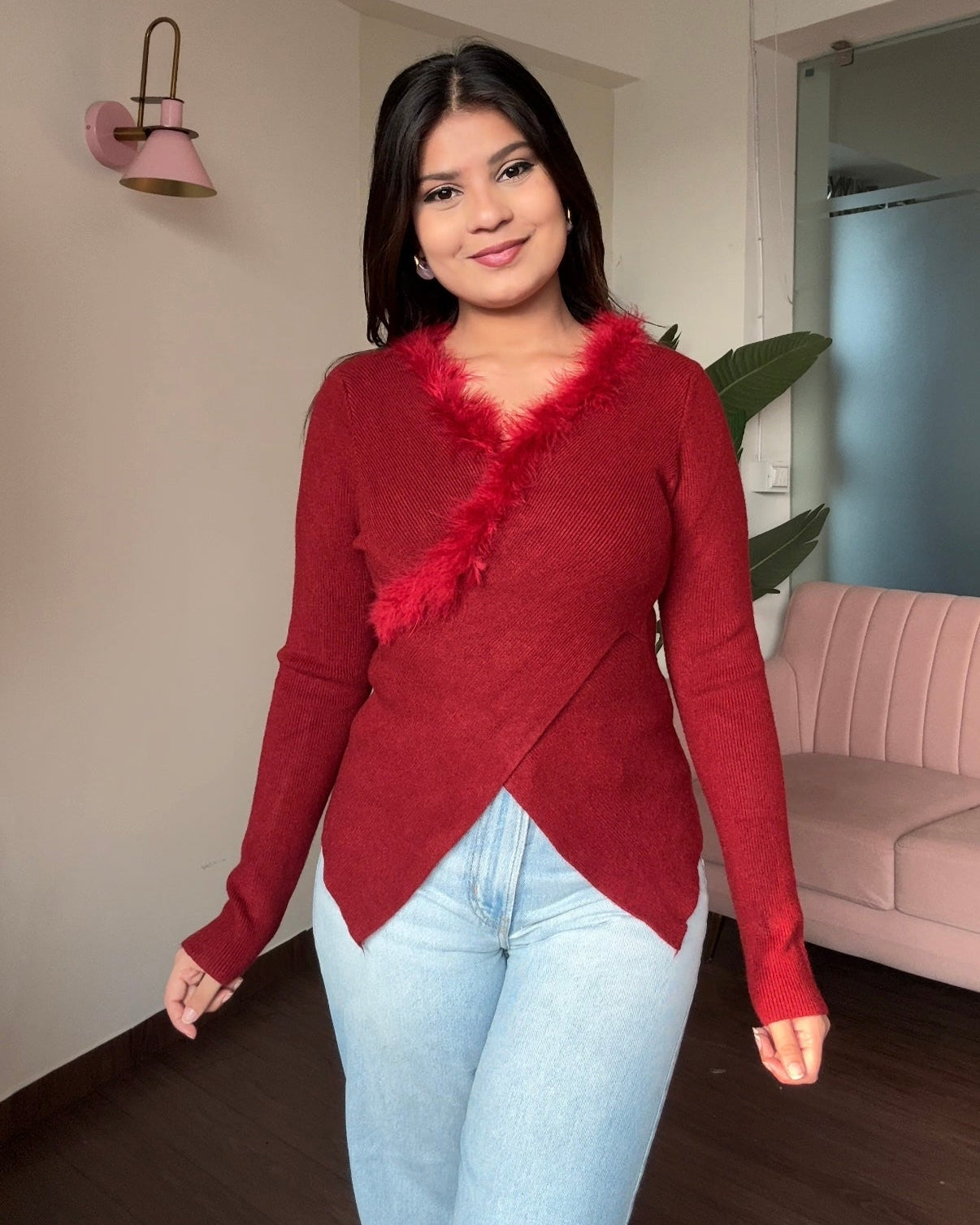 Fur Detailing Criss Cross Full Sleeve Top