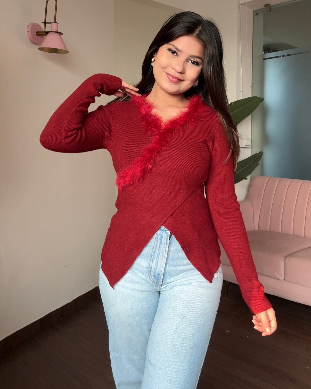 Fur Detailing Criss Cross Full Sleeve Top