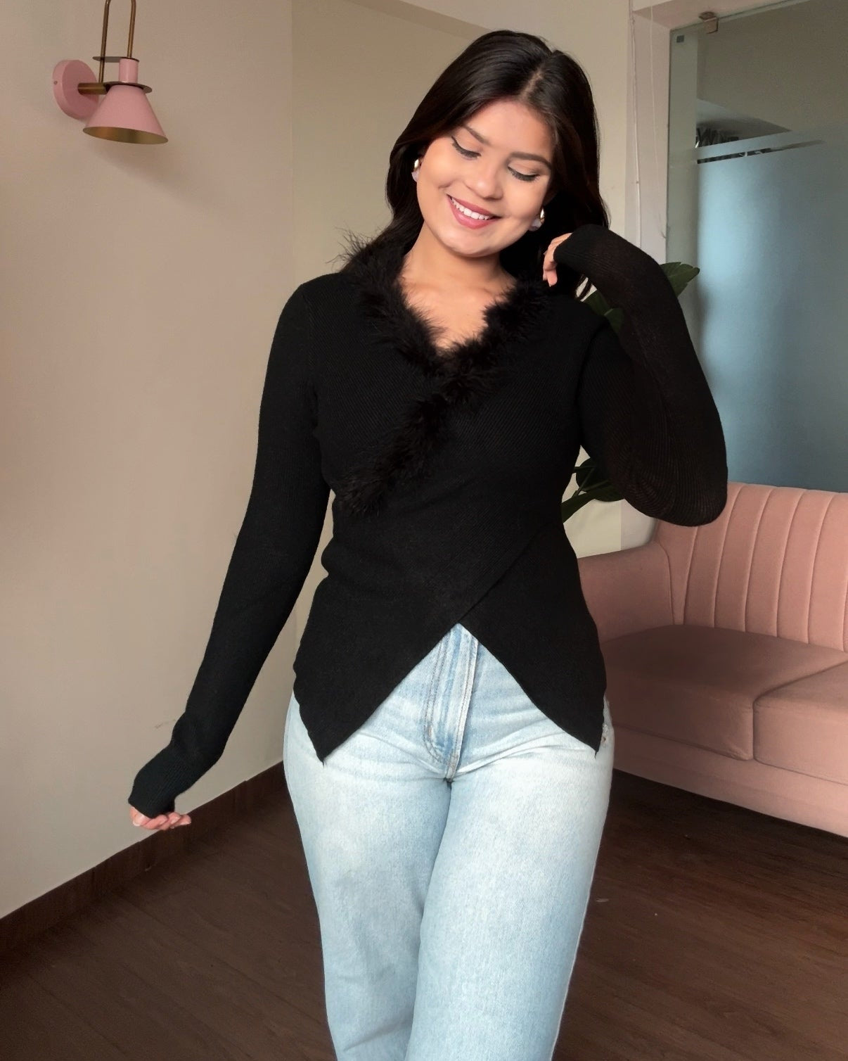 Fur Detailing Criss Cross Full Sleeve Top