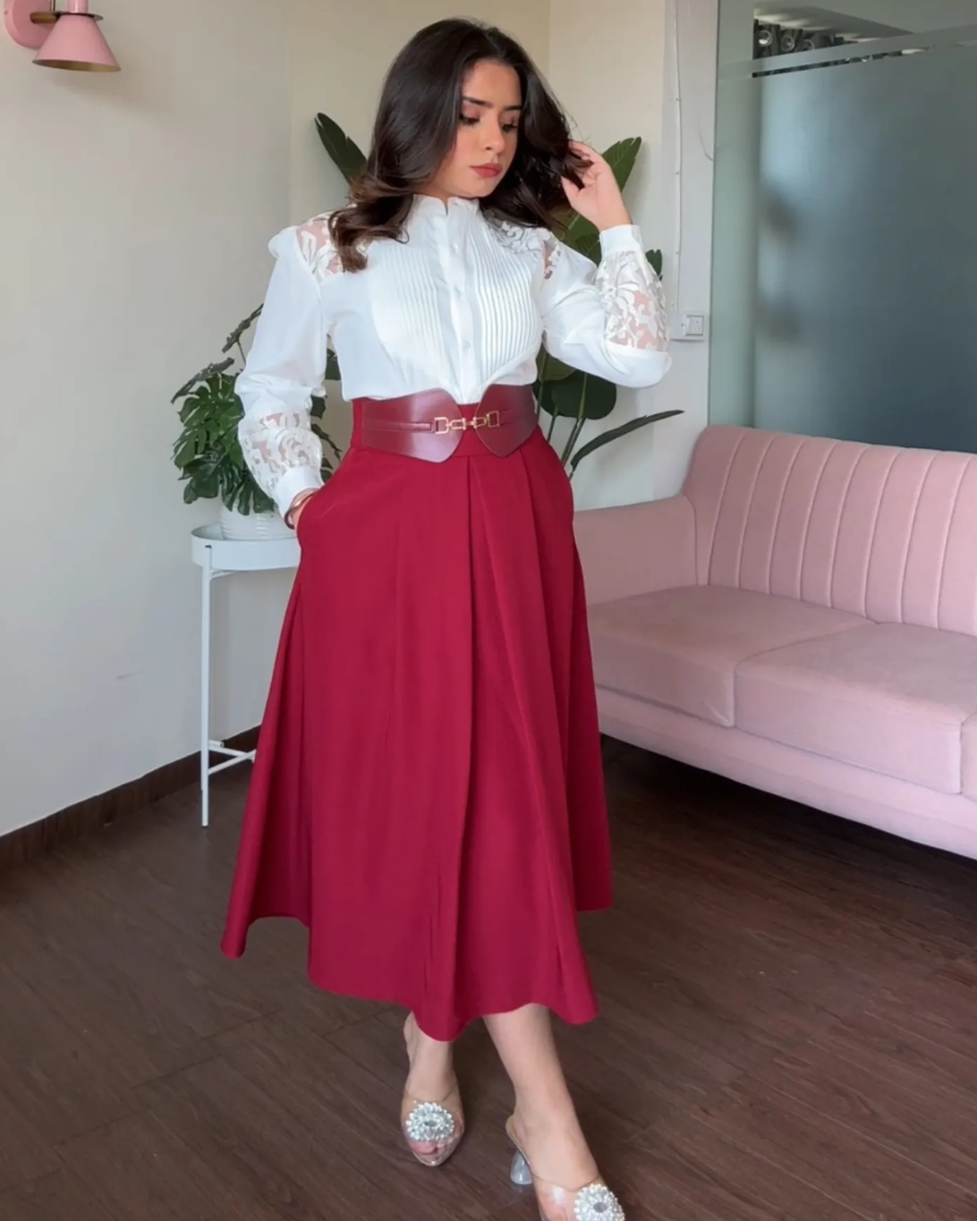 Flared Leather Belted Midi Skirt