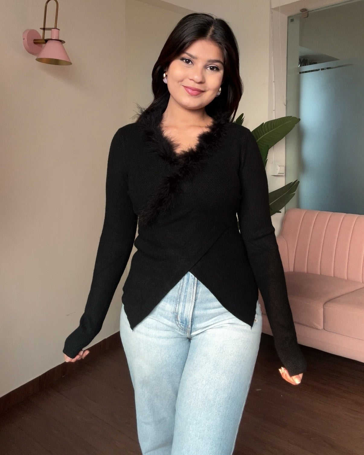 Fur Detailing Criss Cross Full Sleeve Top