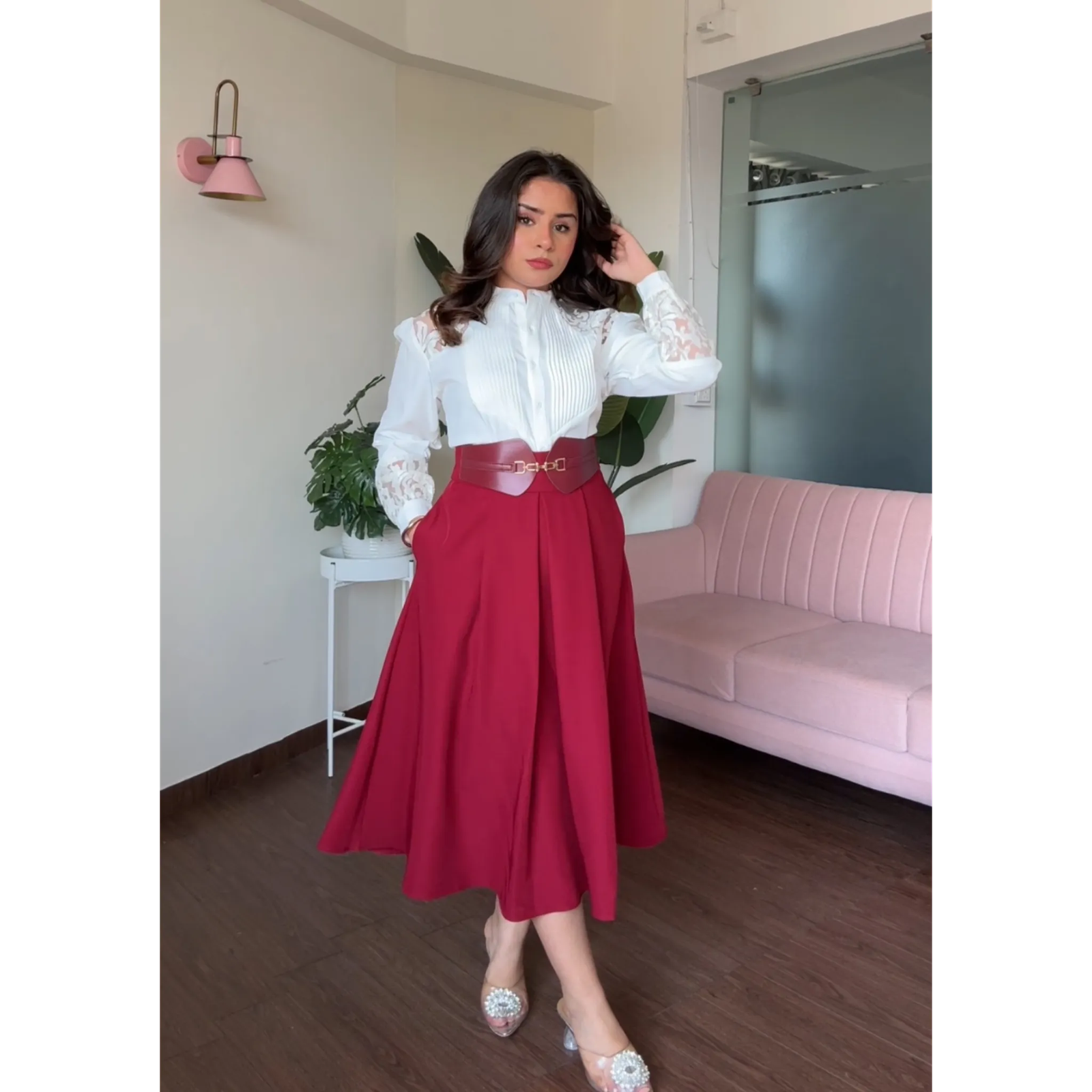 Flared Leather Belted Midi Skirt