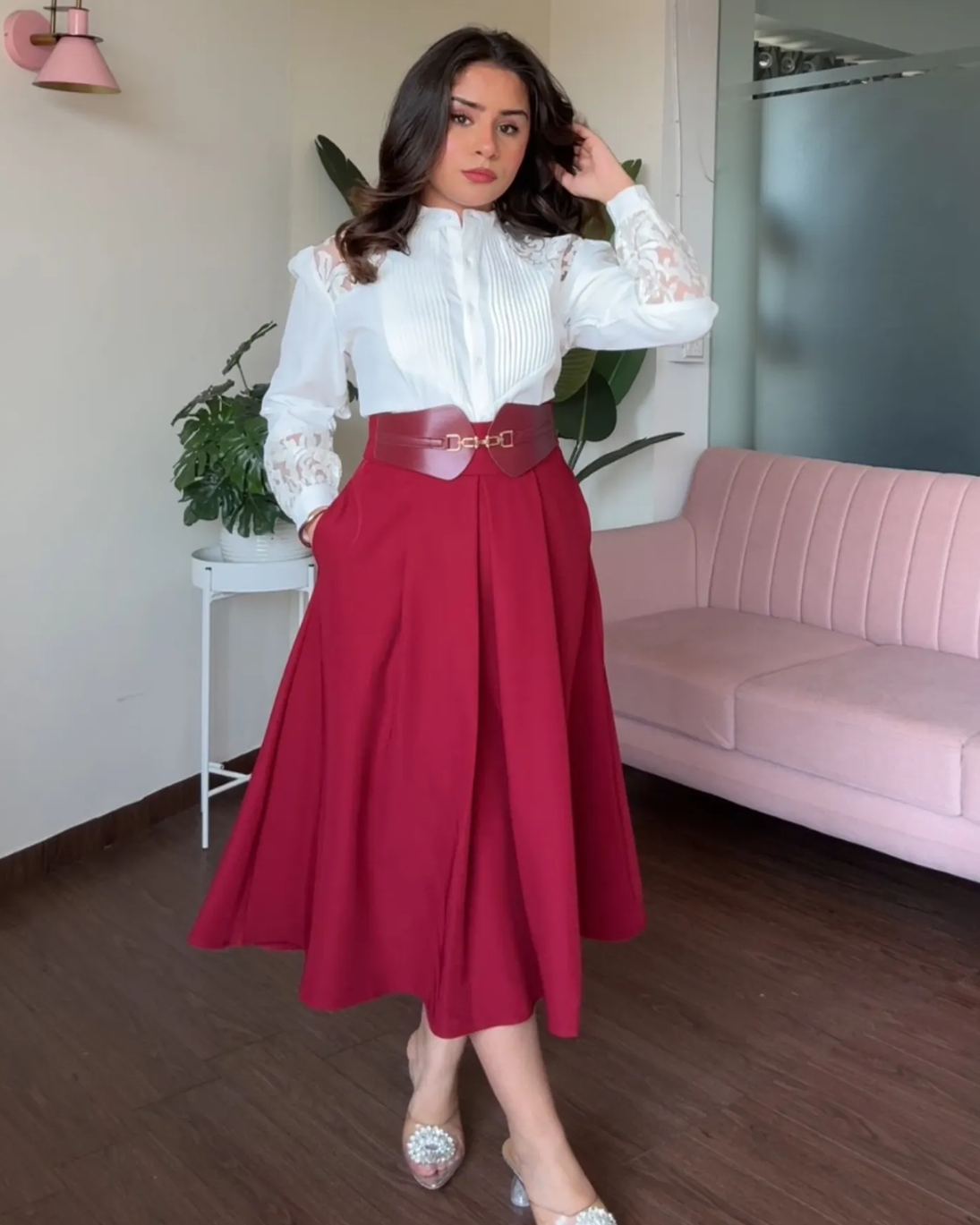 Flared Leather Belted Midi Skirt