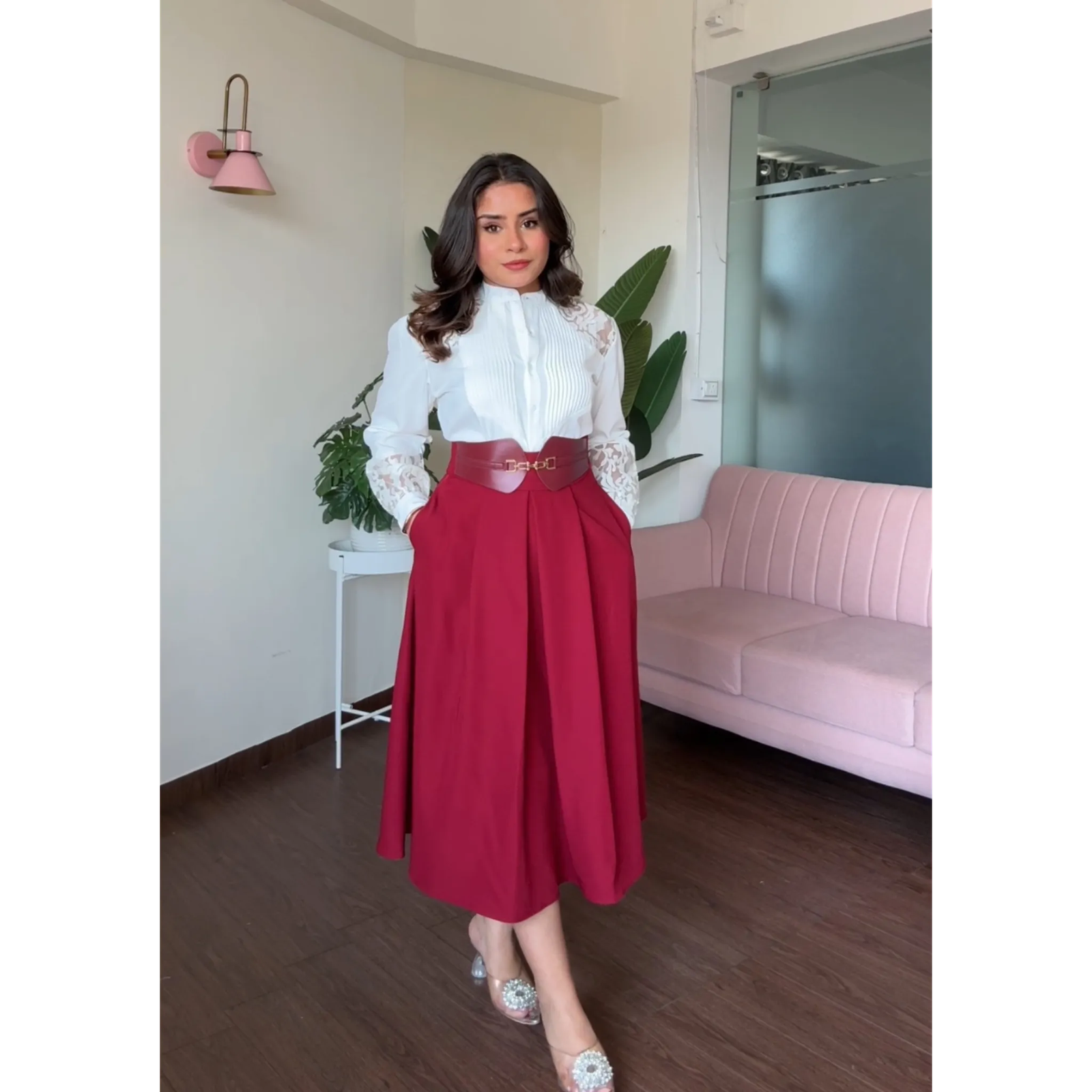Flared Leather Belted Midi Skirt
