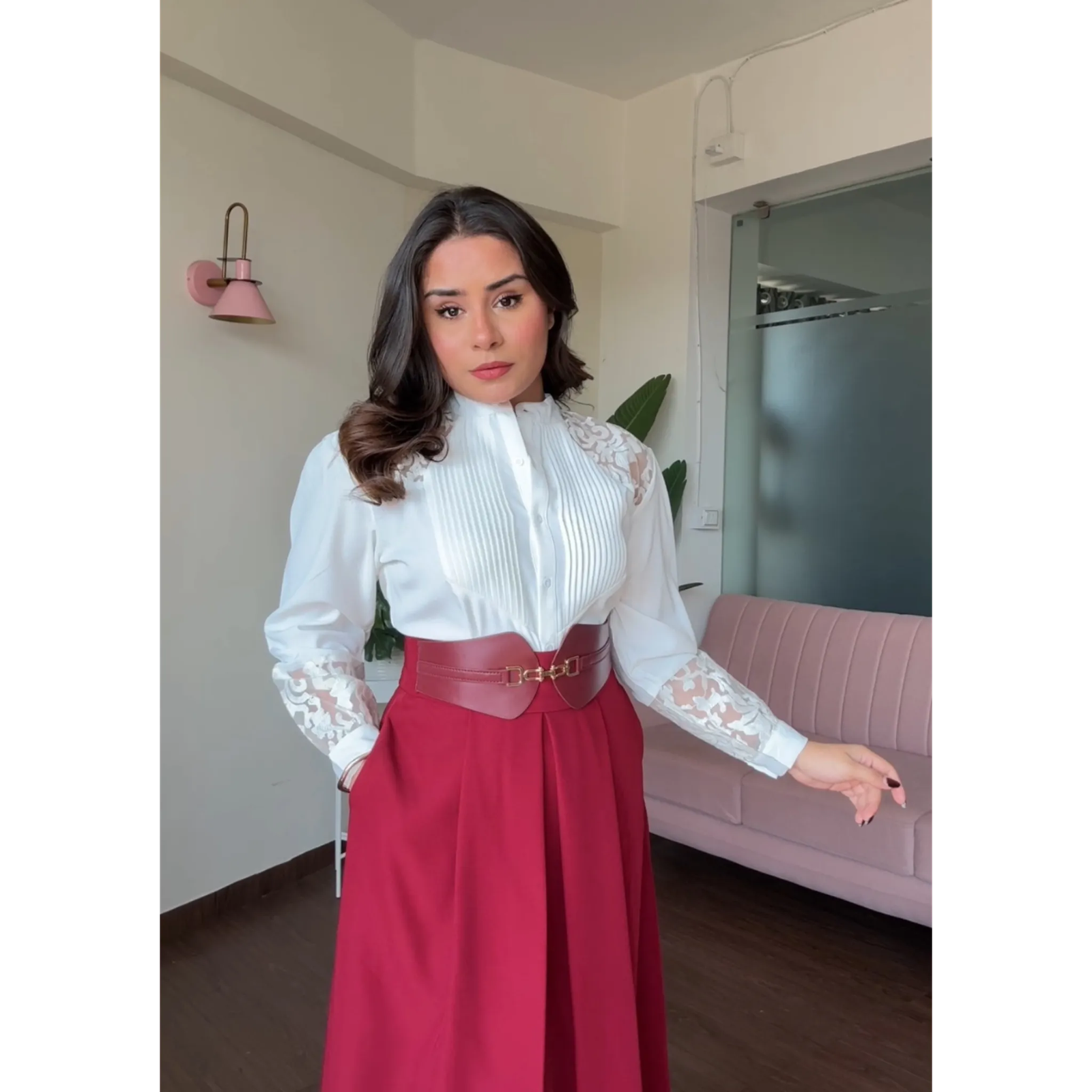 Flared Leather Belted Midi Skirt