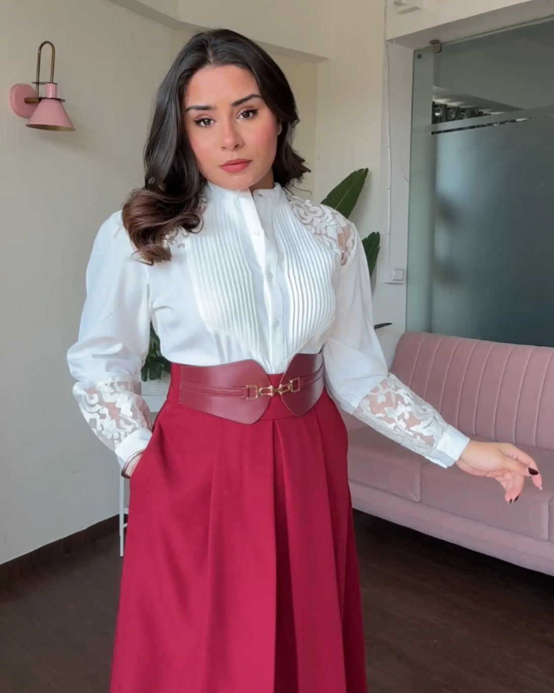 Flared Leather Belted Midi Skirt