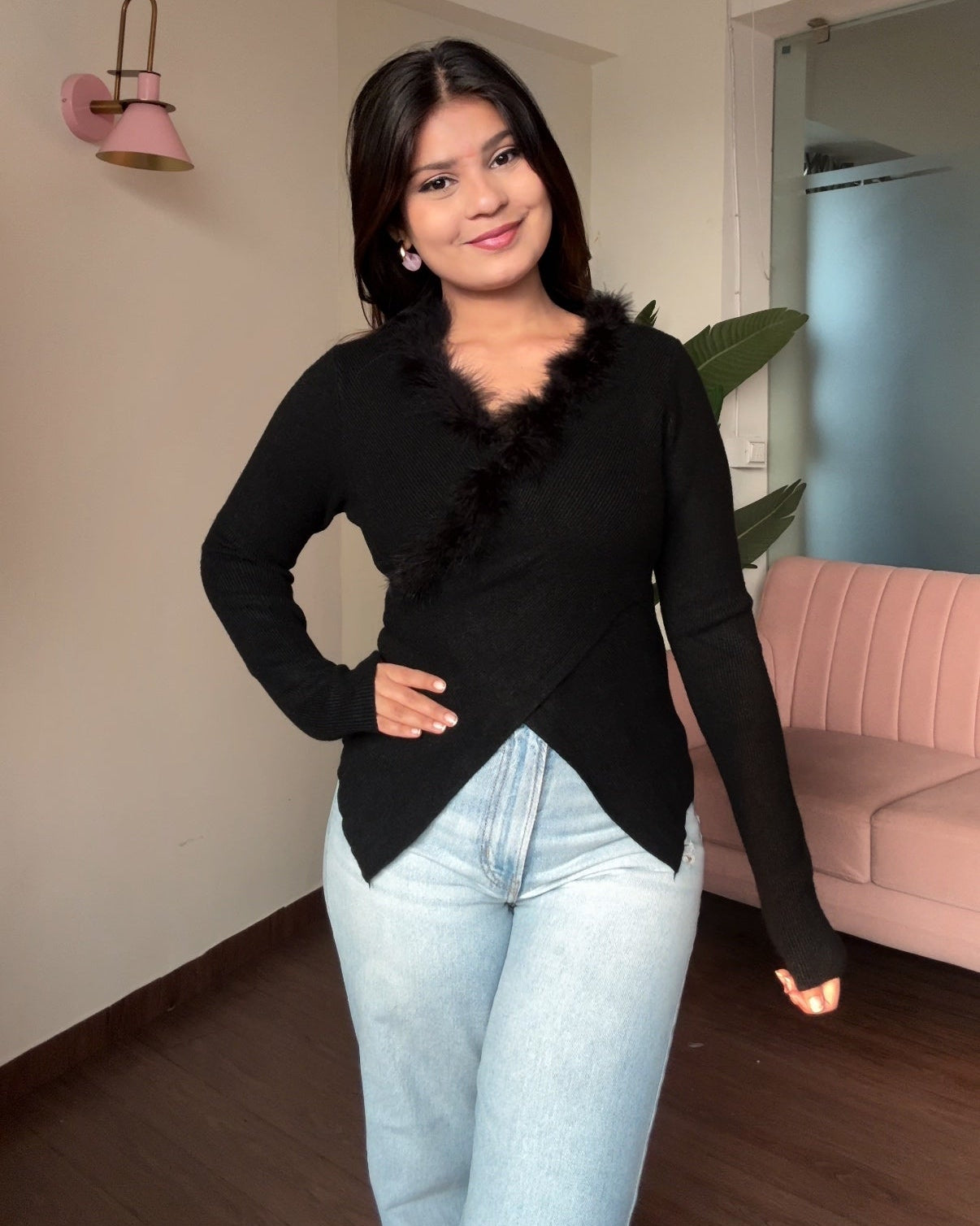 Fur Detailing Criss Cross Full Sleeve Top