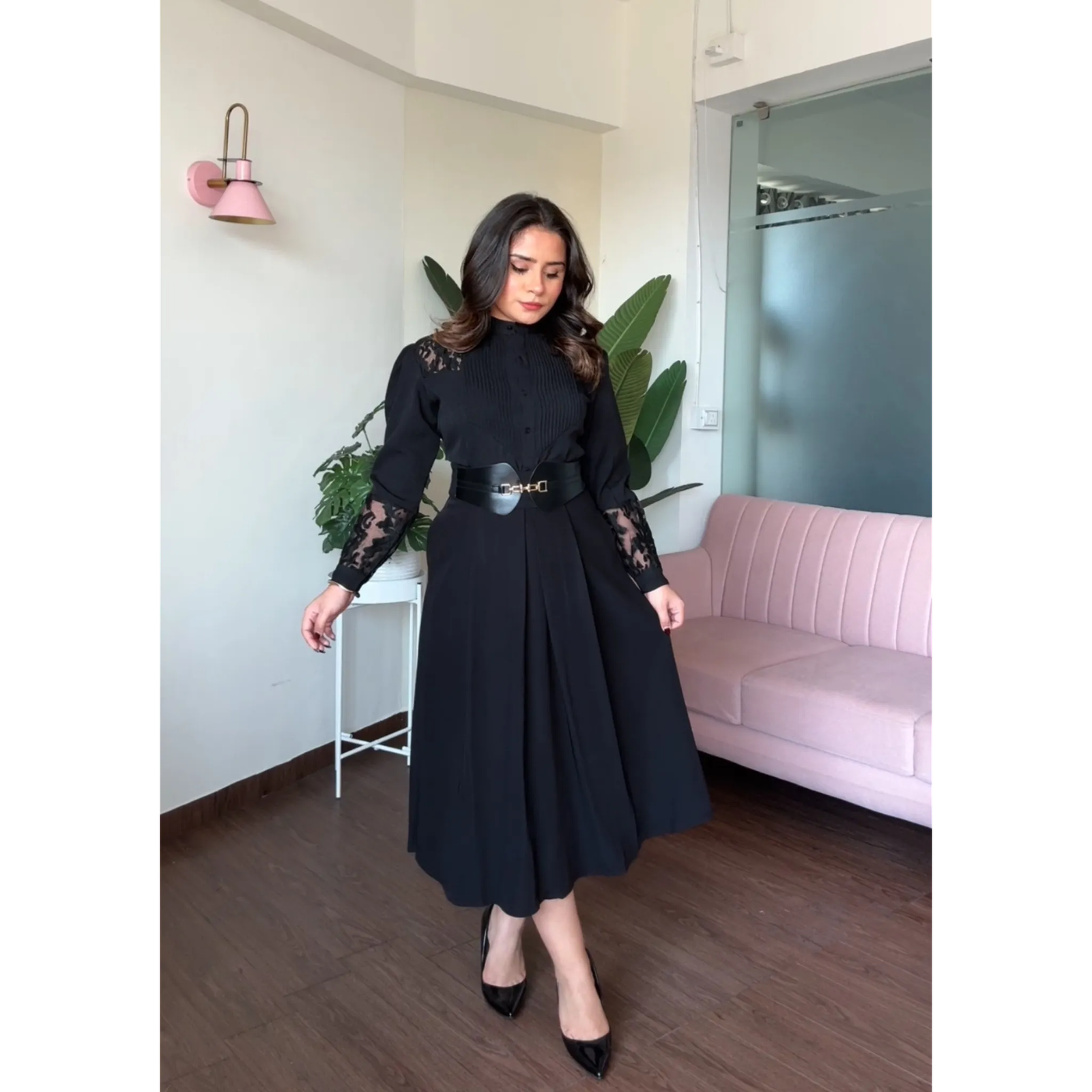 Flared Leather Belted Midi Skirt