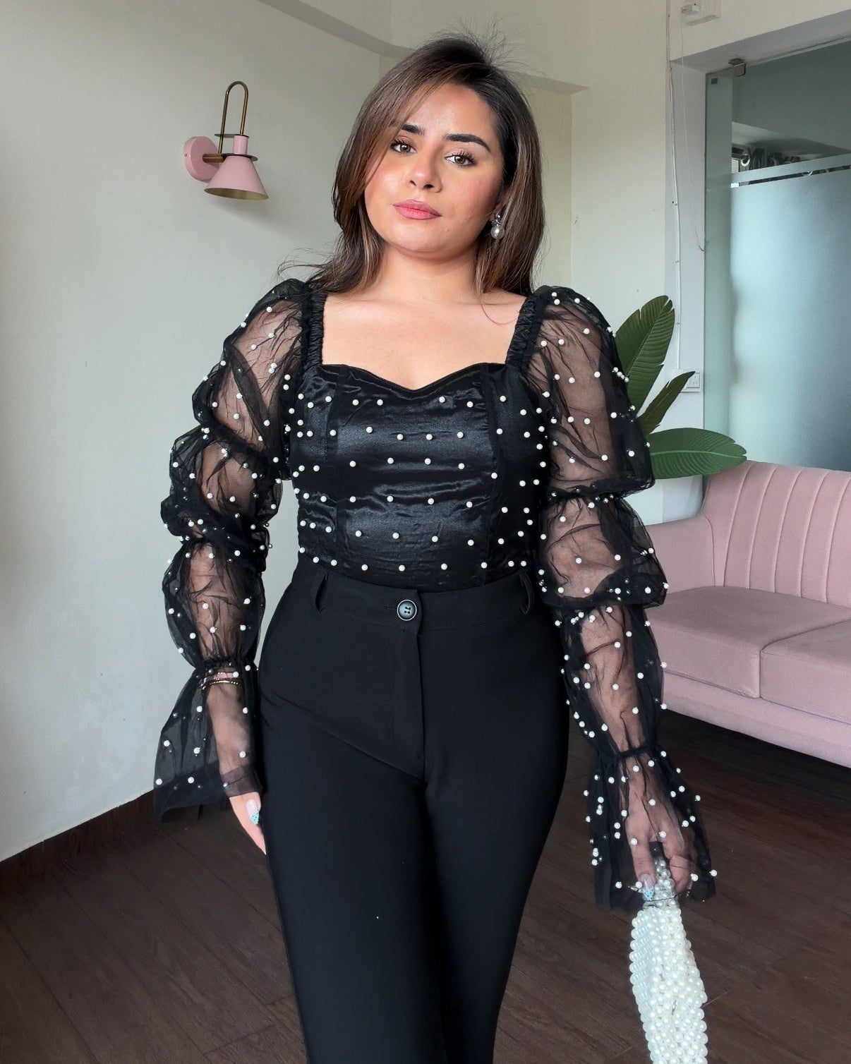 Pearl Embellished Puff Sleeve Top