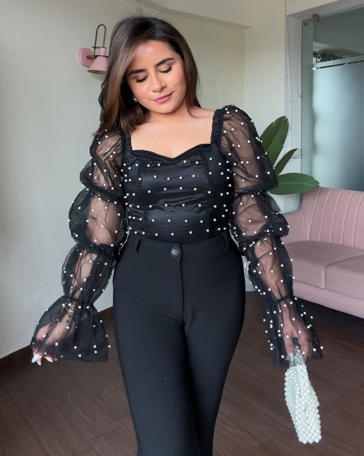 Pearl Embellished Puff Sleeve Top