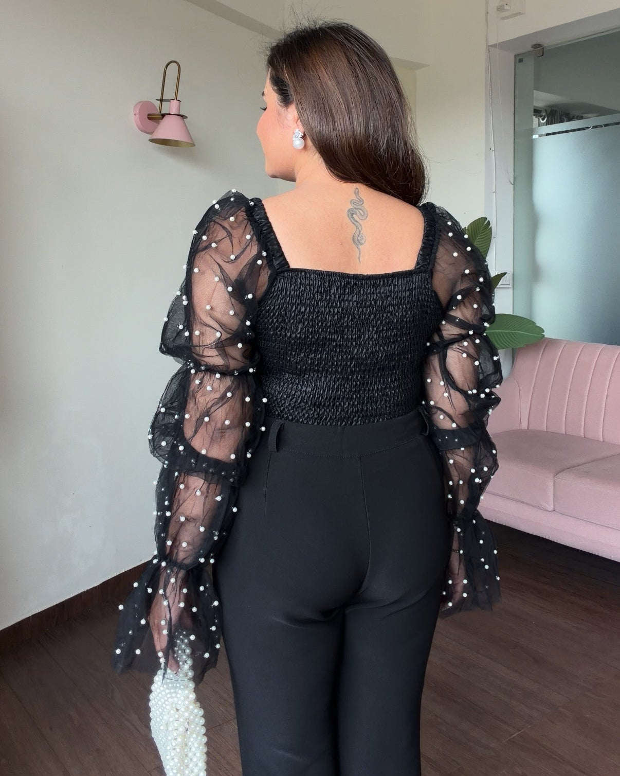 Pearl Embellished Puff Sleeve Top