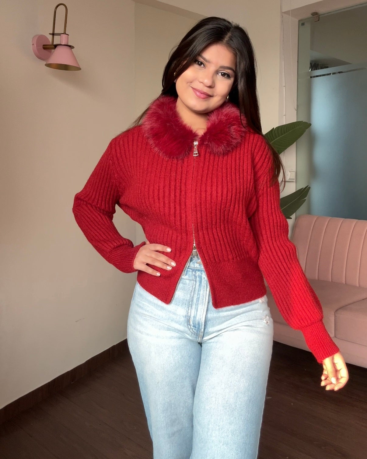 Fur Collar Zip Up Sweater Top