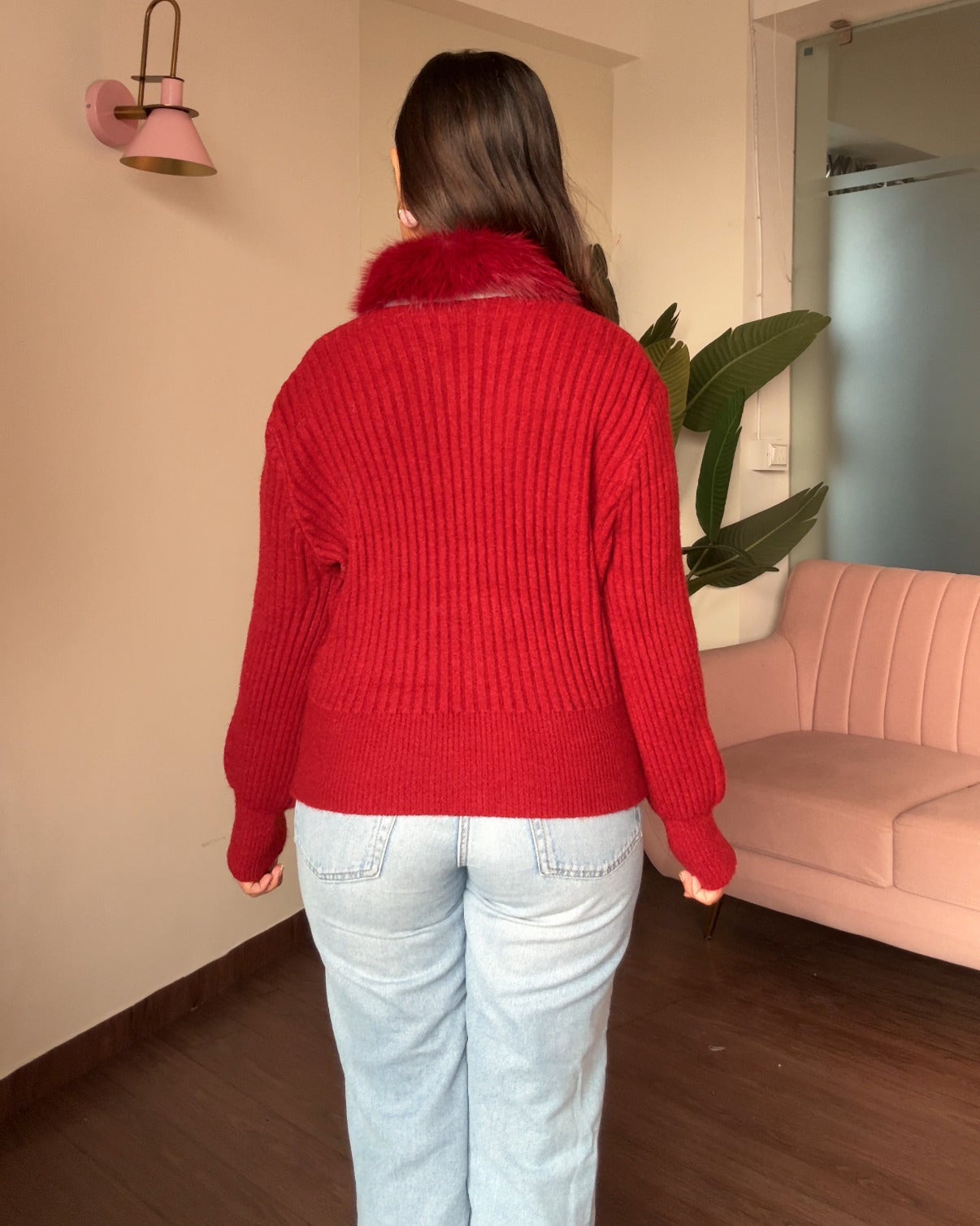 Fur Collar Zip Up Sweater Top