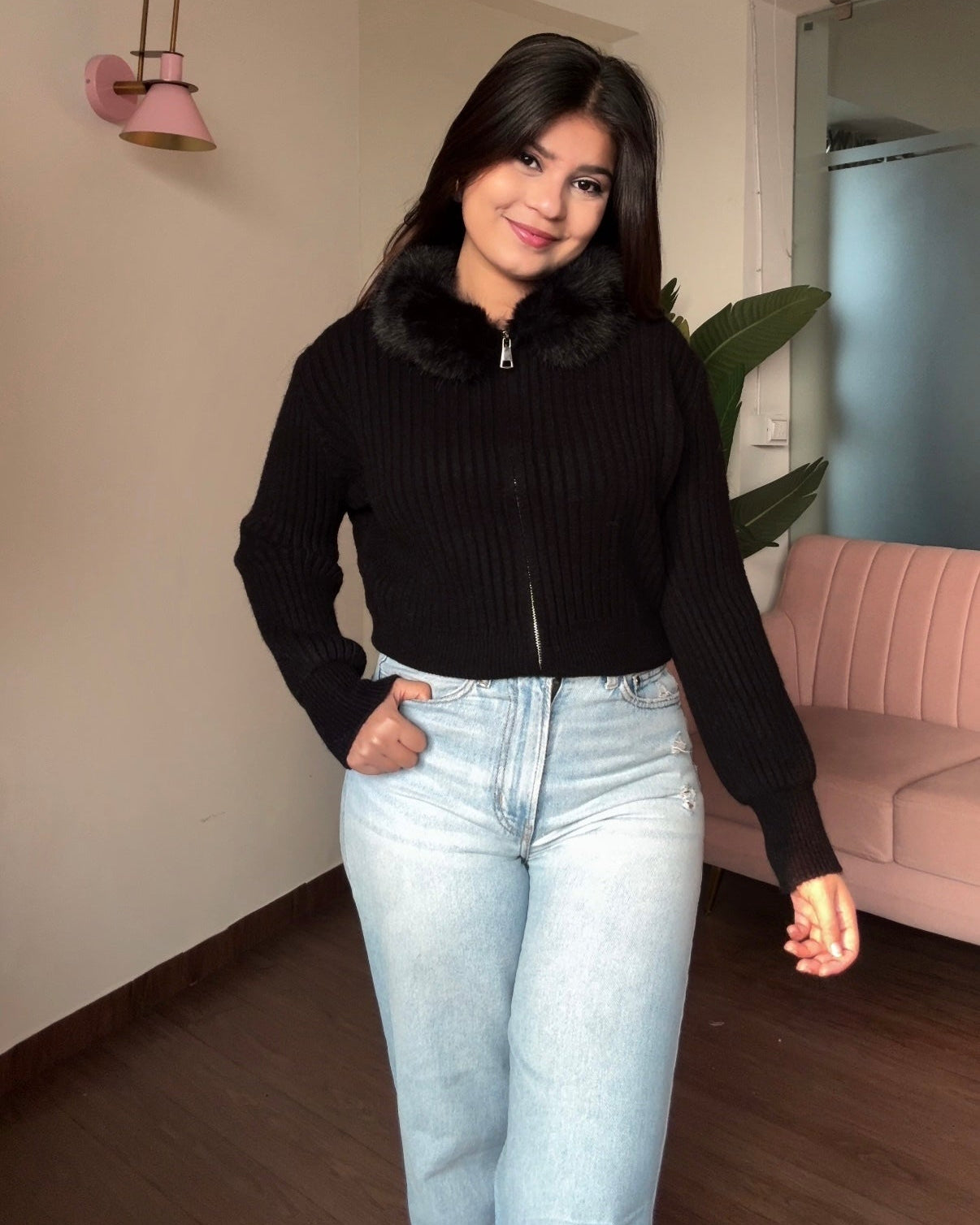 Fur Collar Zip Up Sweater Top