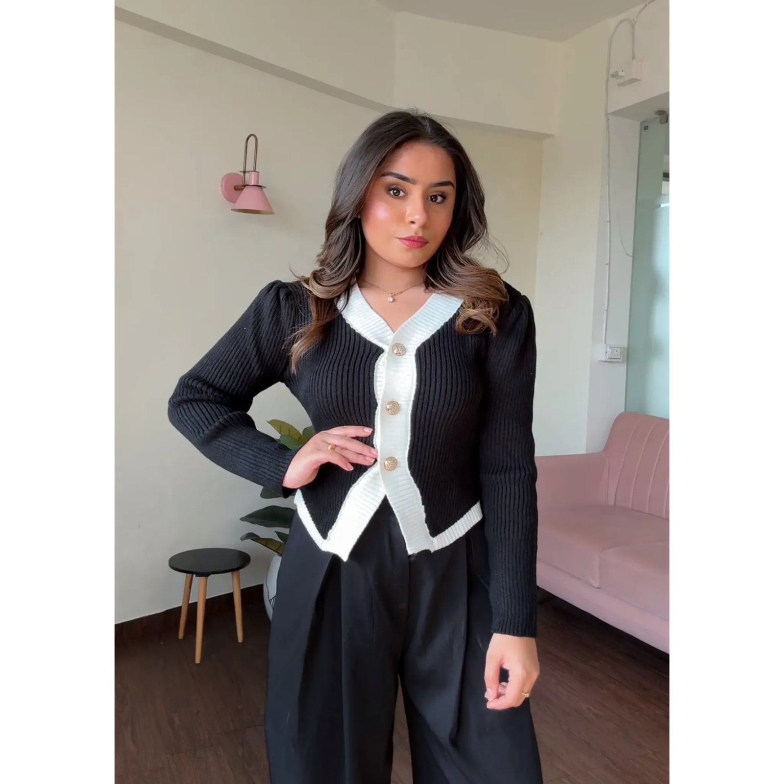 Button Up Split Contrast Cardigan