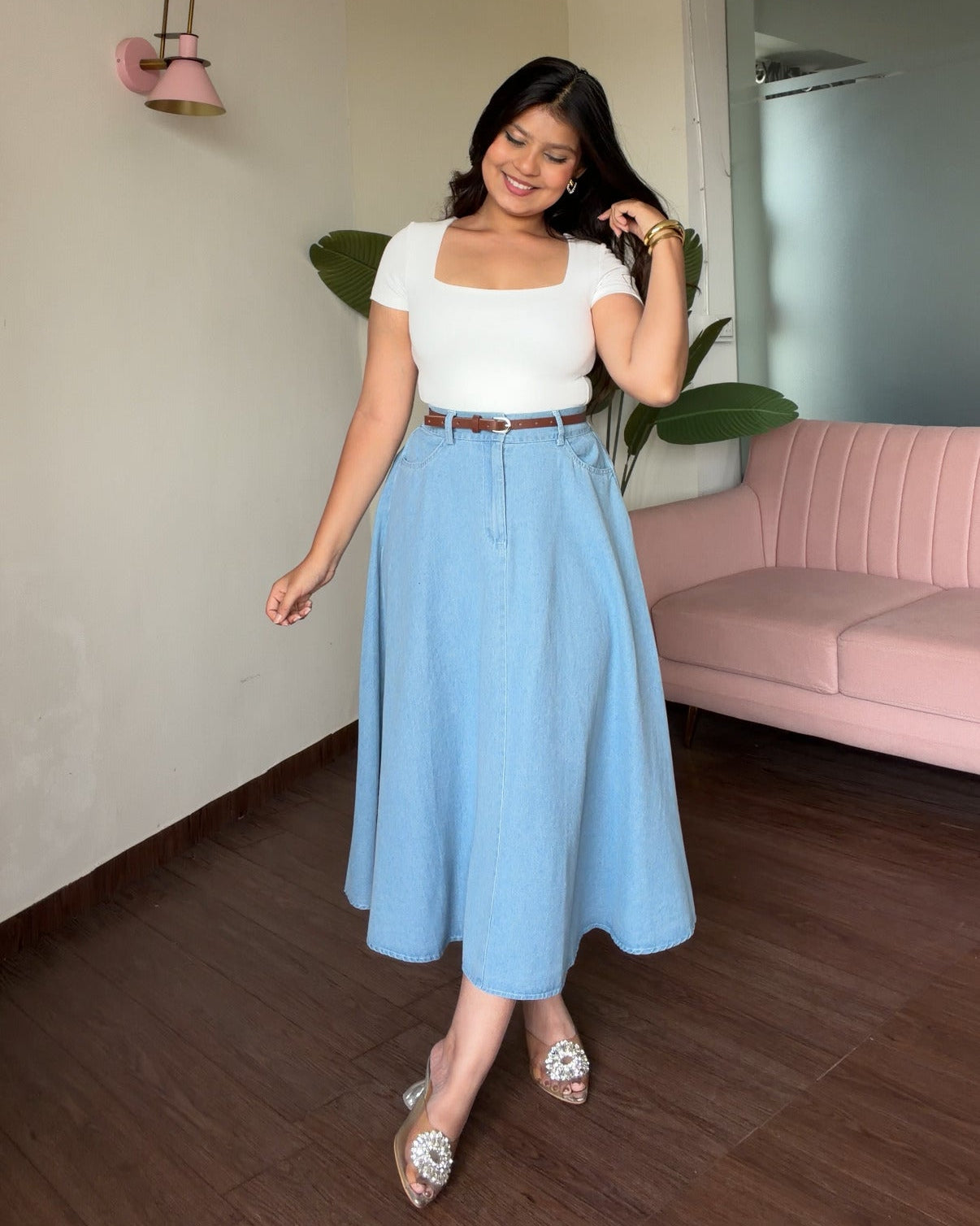 Denim A Line Flared Midi Skirt