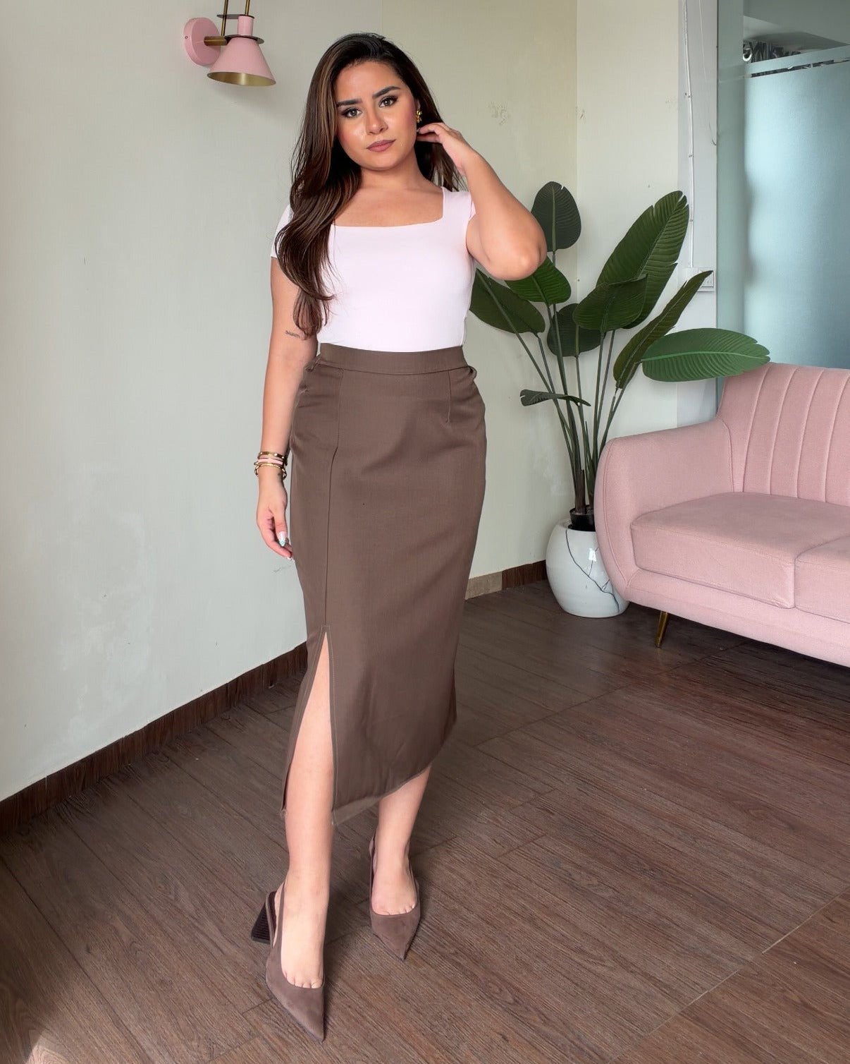Solid Classic Midi Skirt With Slit