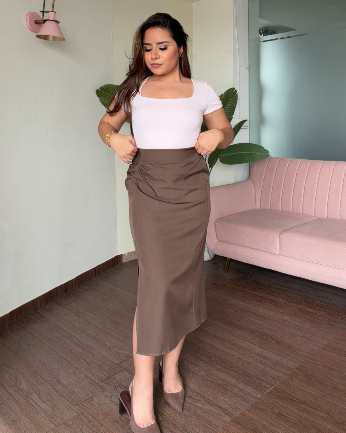 Solid Ruched Detailing Midi Skirt With Slit
