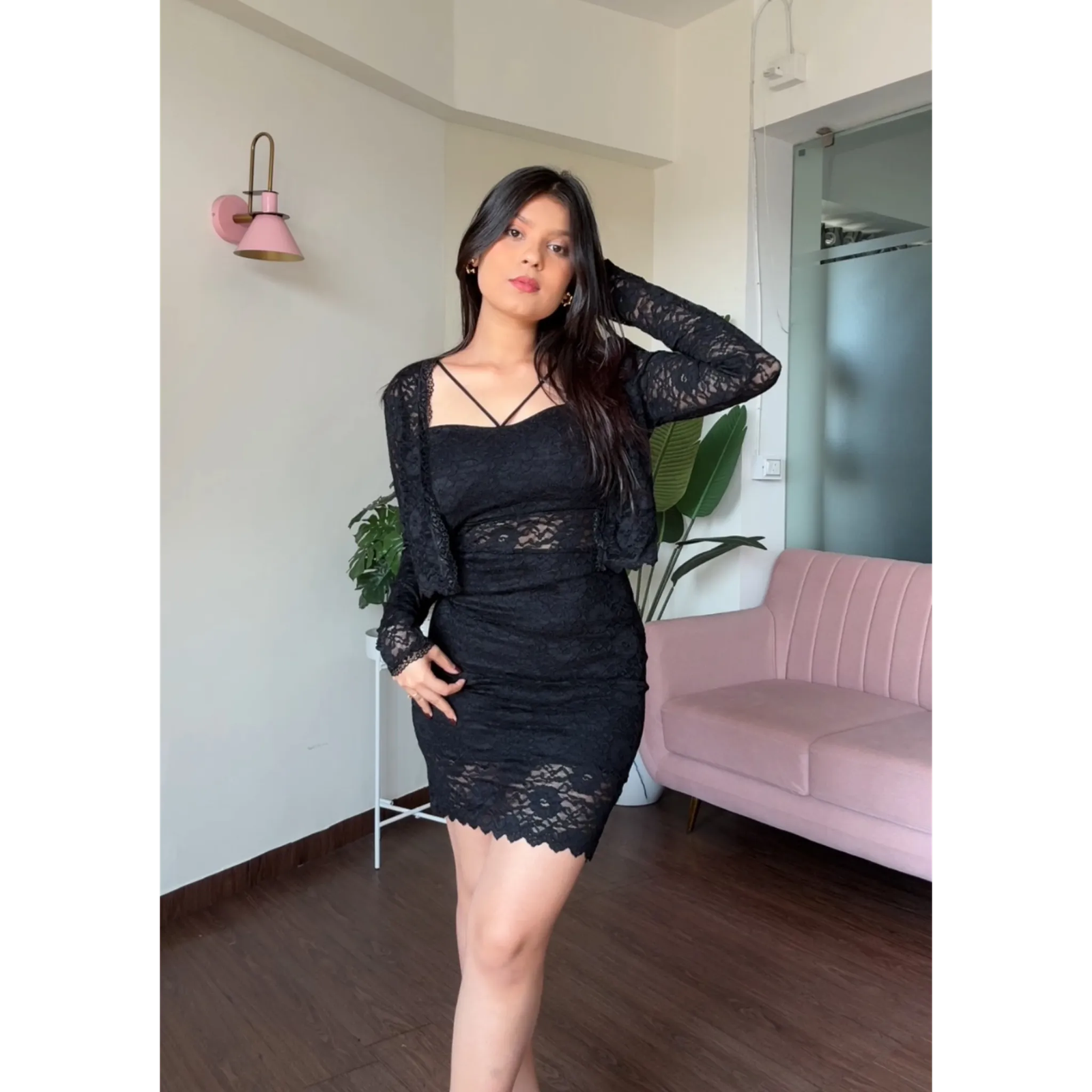 Lace Cut Out Mini Dress With Shrug