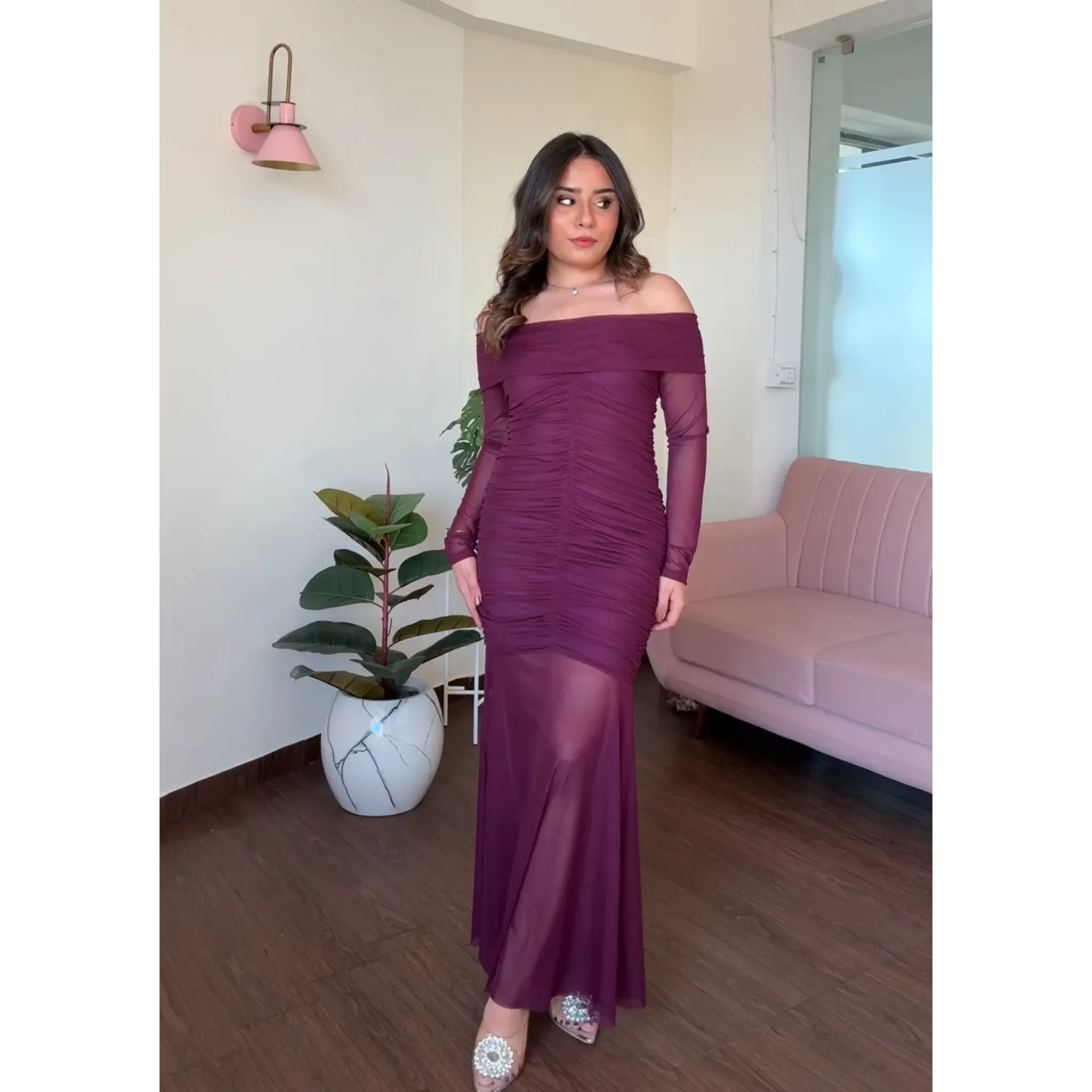 Offshoulder Ruched Mesh Midi Dress