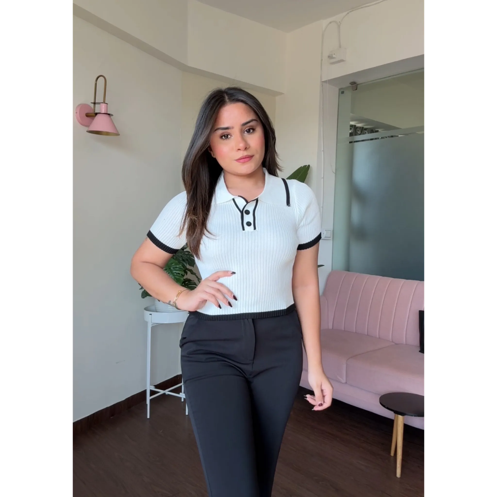 Contrast Ribbed Button Up Polo Top