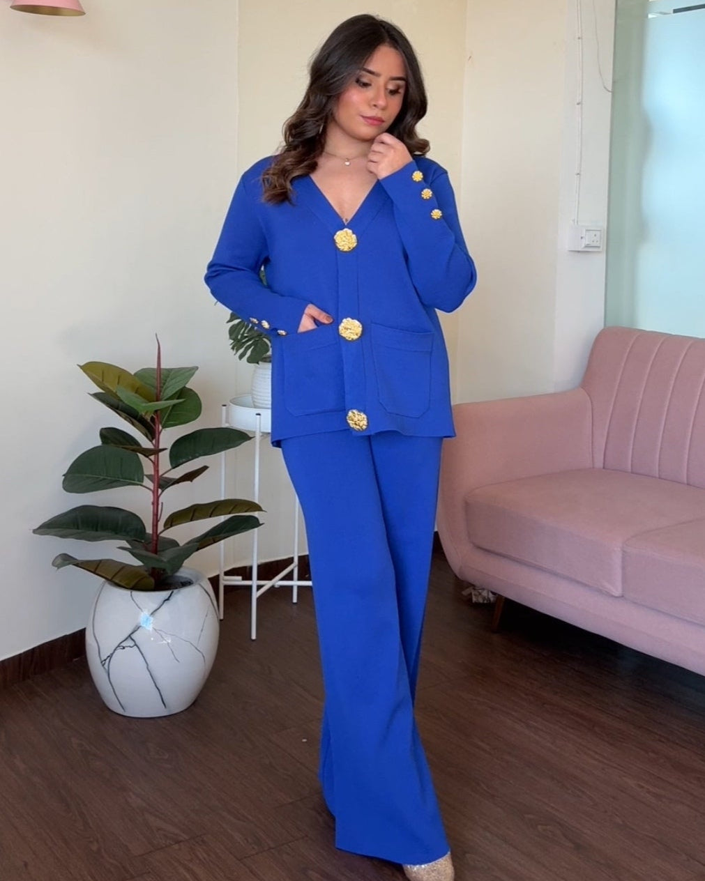 V neck Golden Button Co-ord Set