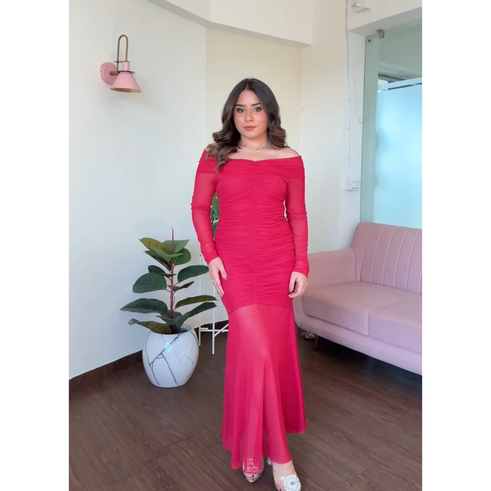 Offshoulder Ruched Mesh Midi Dress