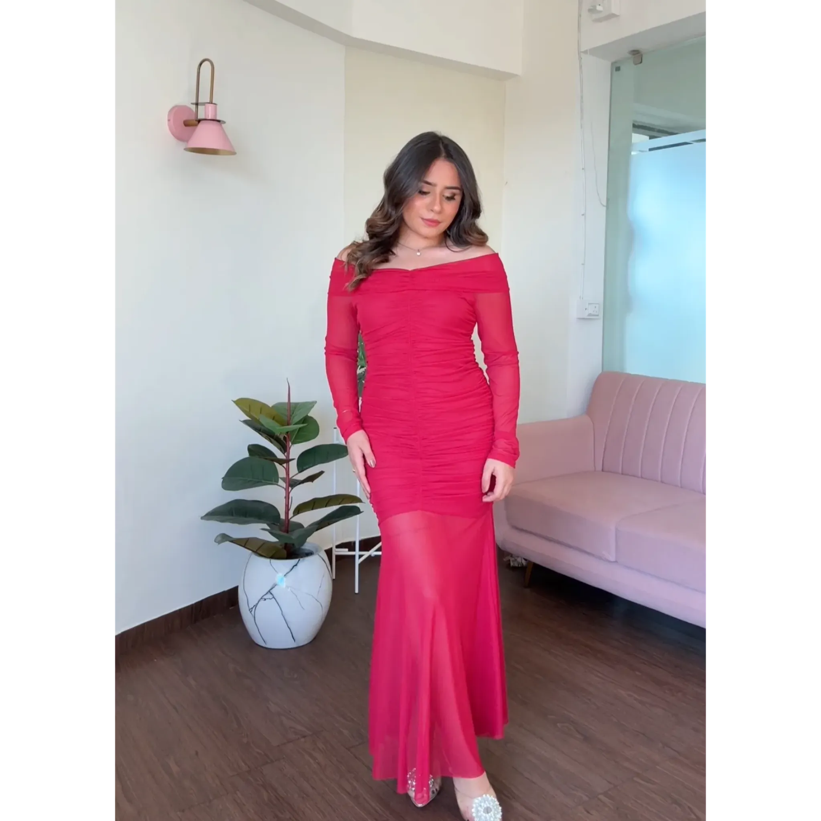 Offshoulder Ruched Mesh Midi Dress