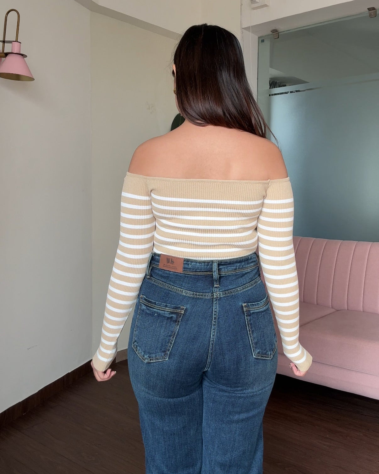 Off Shoulder Strip Detailing Golden Button Top