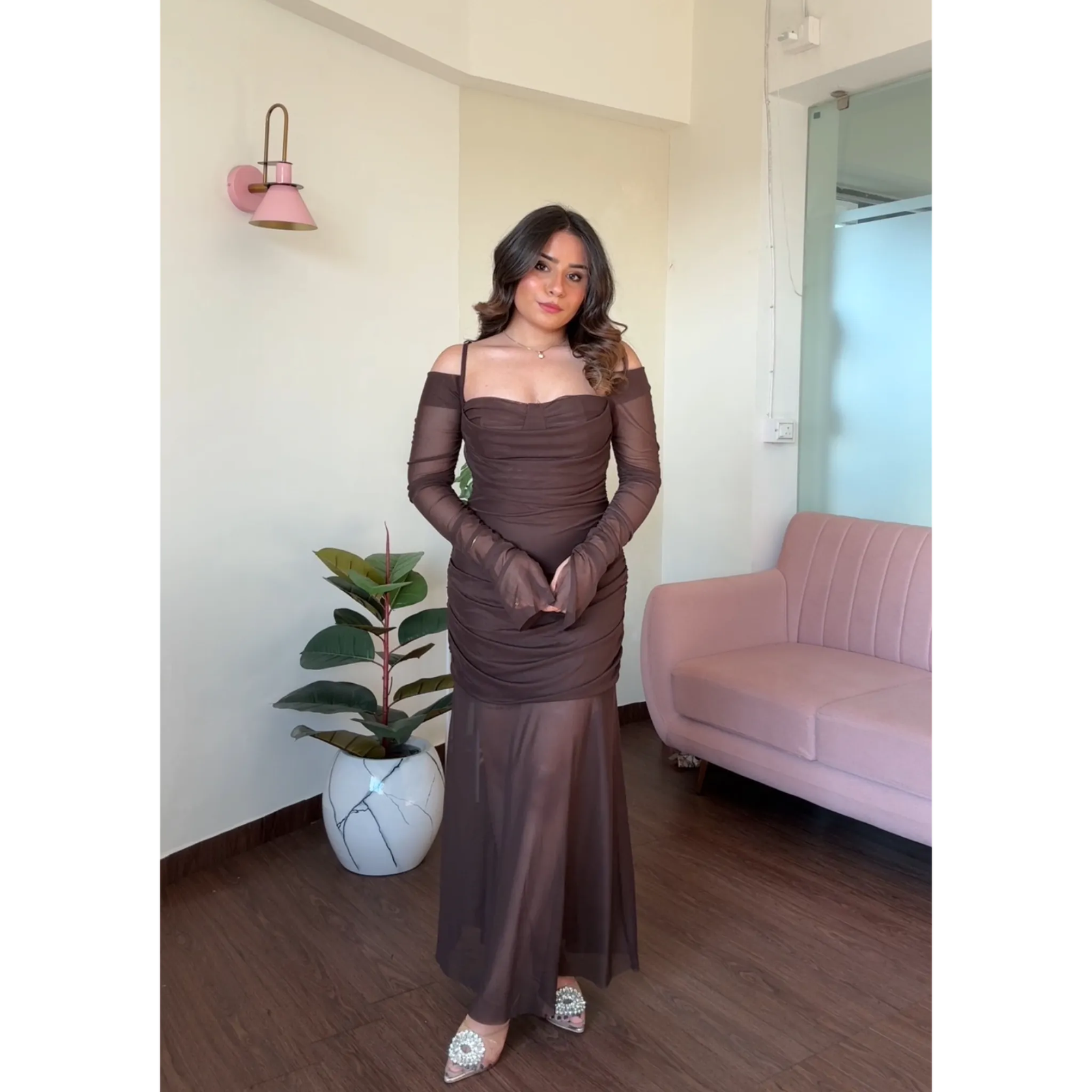 Padded Strappy Ruched Mesh Midi Dress